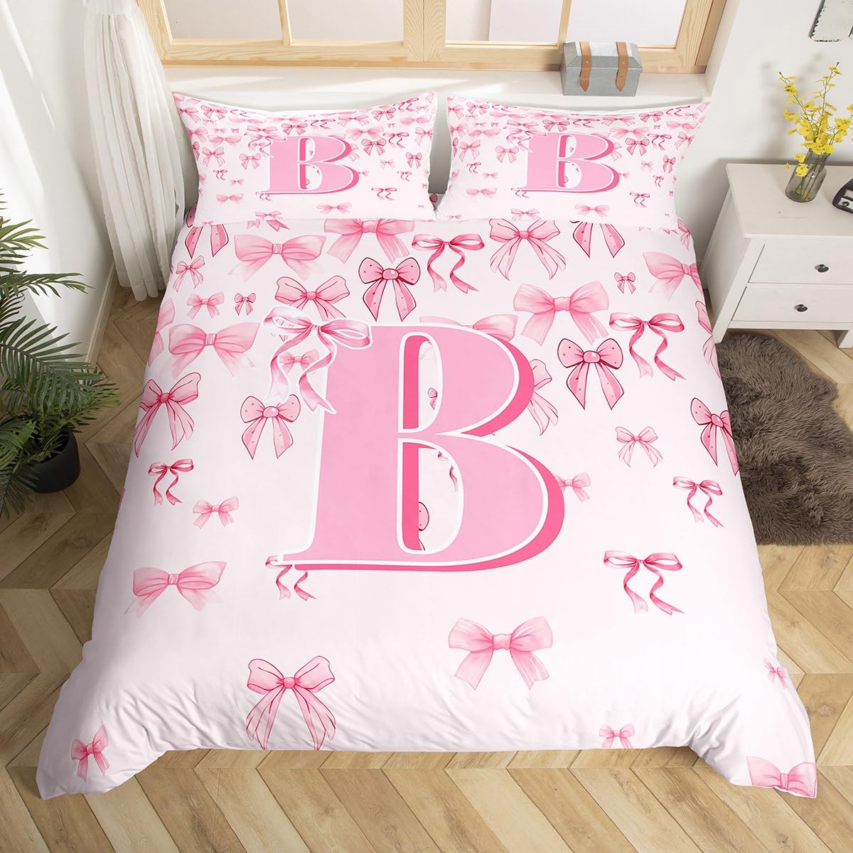 Loussiesd Girls Pink Bow Bedding Set Double Size Soft for Boys Girls, Cute Bowknot Duvet Cover Letter B Microfiber Monogrammed Bedroom Decor Coquette Bows 3 Pcs with 2 Pillow Cases