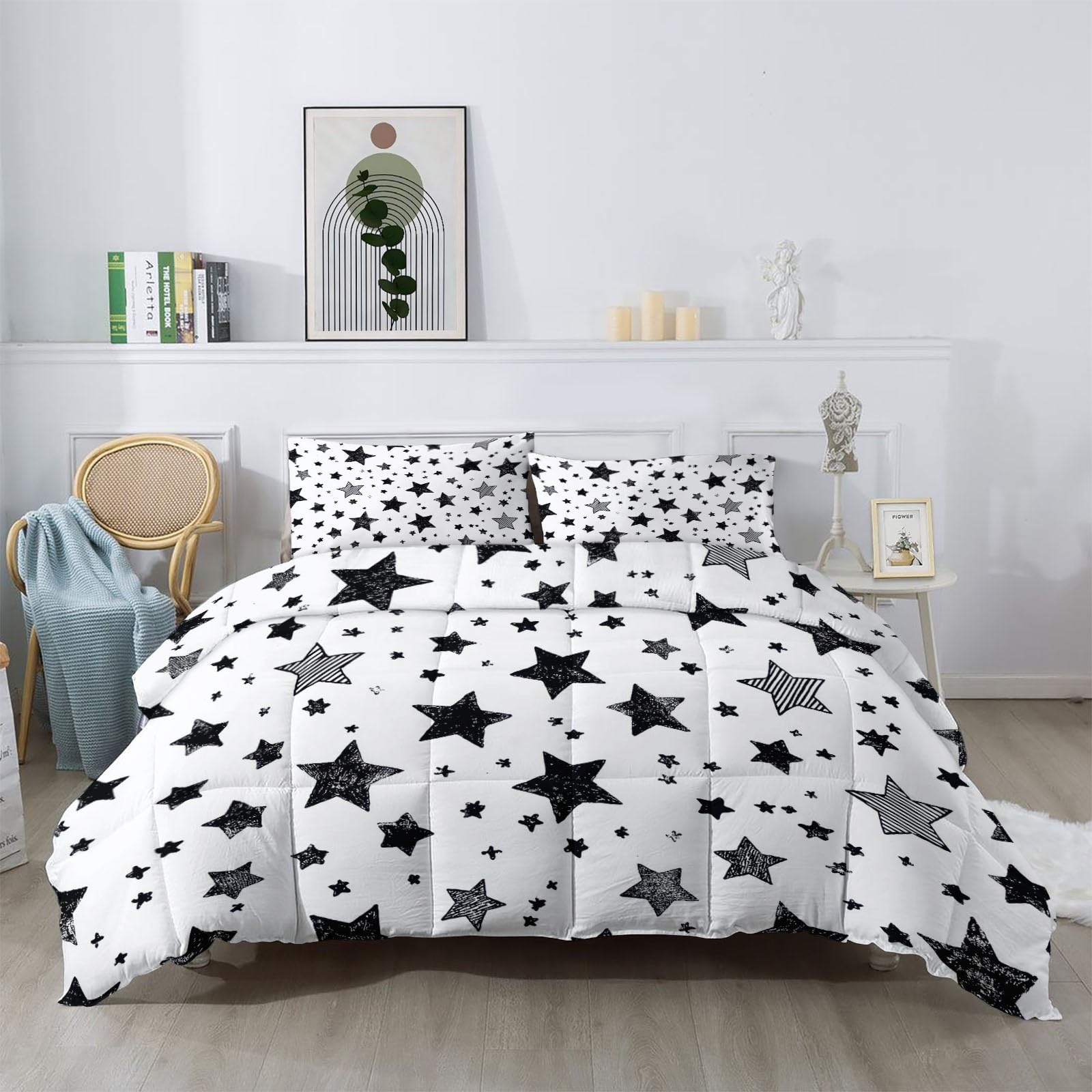 Trapunta reversibile motivo stella inclusa trama stampata nera e bianca minimalista trapuntata, set per tutta la stagione, morbidi piumini in microfibra, lavabili in lavatrice, 220 x 240 cm
