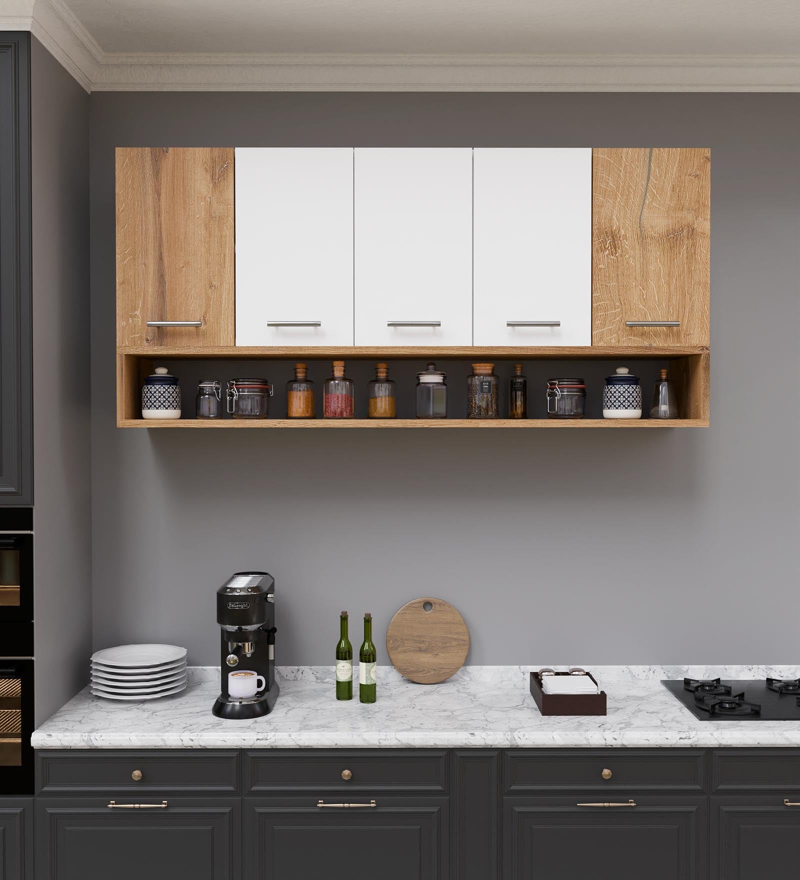 SPYDER CRAFT 5 Door Matte Finish Merlin Kitchen Cabinet for Office|Hall |Kitchen Wall Mounted Cabinet for Kitchen |Living Room| Color:-Canyon Oak & White|| Assembly-DIY (Do-It-Yourself)