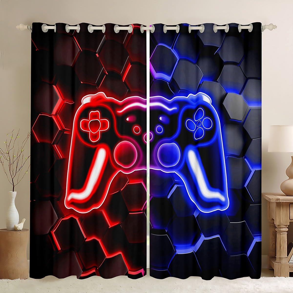Homewish Zasłony zaciemniające do gier, 132 x 160 cm, 2 panele do sypialni, neonowe zasłony okienne o strukturze plastra miodu, czerwone i niebieskie, sześciokątne światła, zasłony okienne, dekoracja