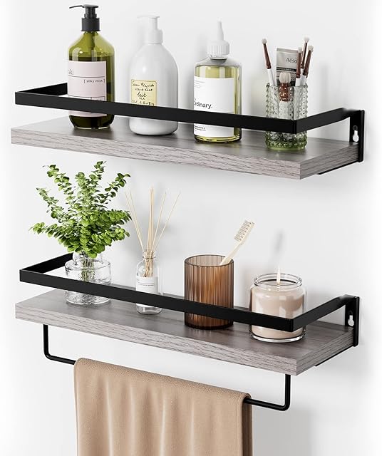 Pipishell Floating Shelves, Wall Mounted Hanging Shelves, Decorative Storage Shelf with Towel Bar for Bathroom Kitchen Living Room, Set of 2 Grey