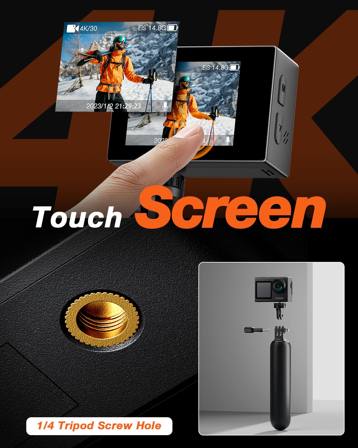iZEEKER Camera Sport 4K 24MP, Étanché 40M, Camescope 4k avec EIS,Double écran Appareil Photo sous-Marin, WiFi, Vlog Camera, 2X1350mAh Batteries, Télécommande Micro Externe, Kit d'Accessoires