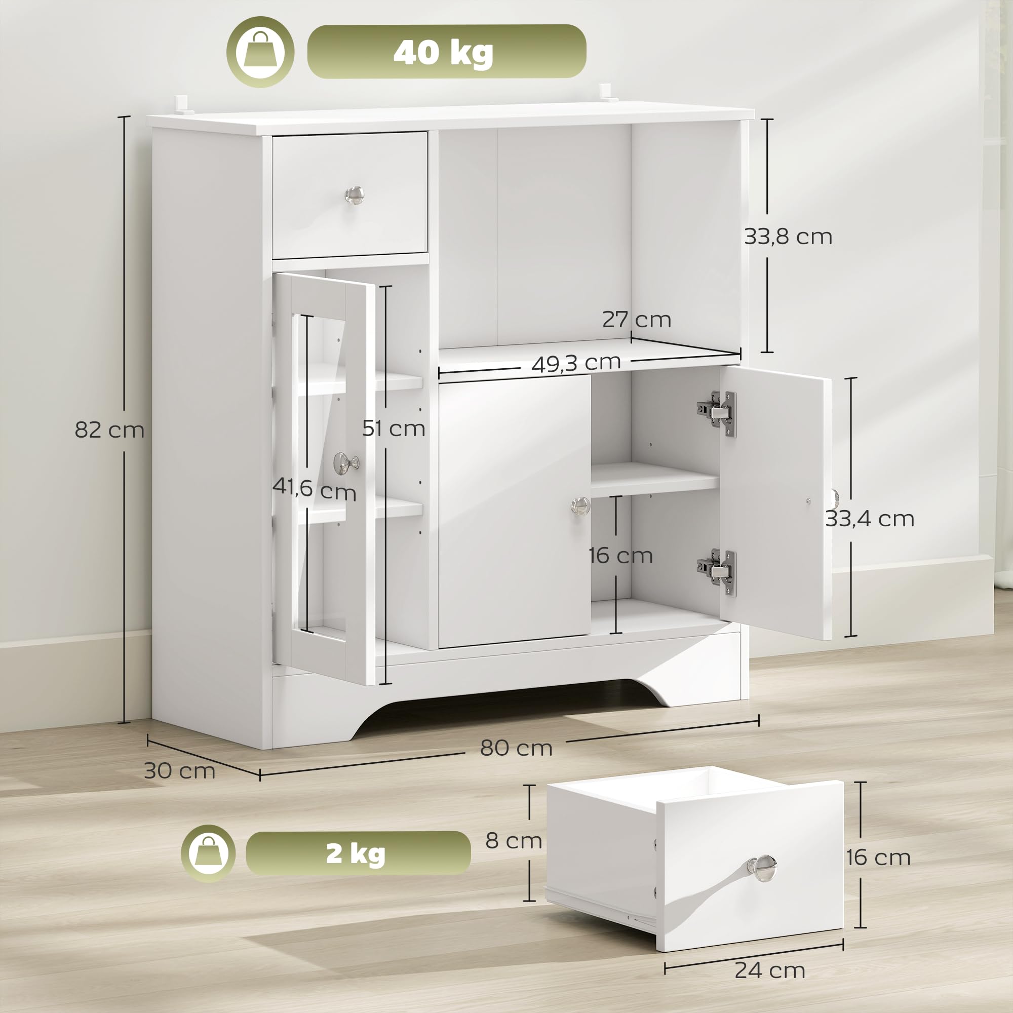 HOMCOM Petit Buffet de Cuisine Porte en Verre 80cm x 30 x 82 cm Blanc | Meuble de Rangement, Moderne, Tiroir, Grande Niche, Étagères Réglables