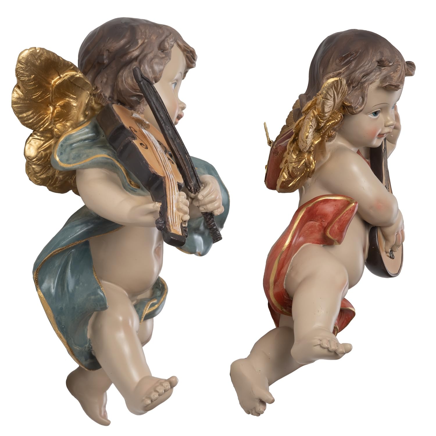 Moritz 2er Set große Engel Hängedeko aus Polyresin - musizierende Deko-Engel mit Geige & Mandoline, goldene Flügel, ca. 20-22 cm, liebevoll gestaltet für Wand oder Fenster