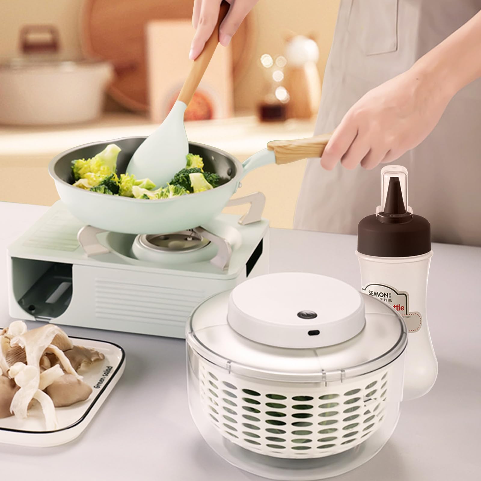 Centrifugador eléctrico de ensalada, 6 L, de gran capacidad, automático, para verduras, frutas, escurridor, escurridor, colador de lechuga de carga USB, con botella exprimible de 350 ml para la cocina