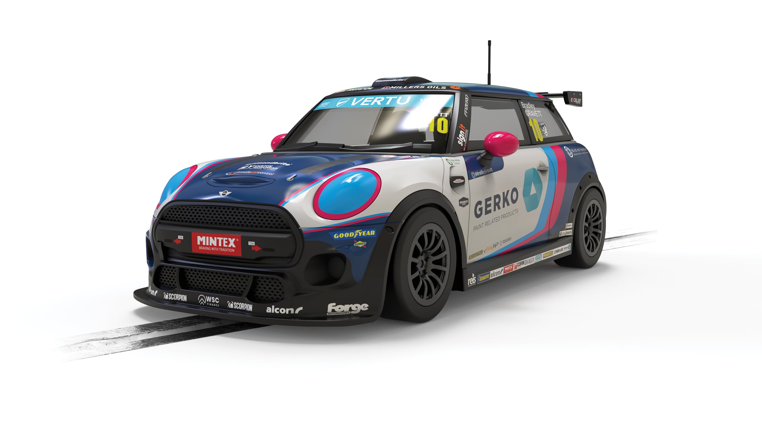 Scalextric C4410 Mini Cooper F56 - Bradley Gravett 2024, White/Blue/Pink