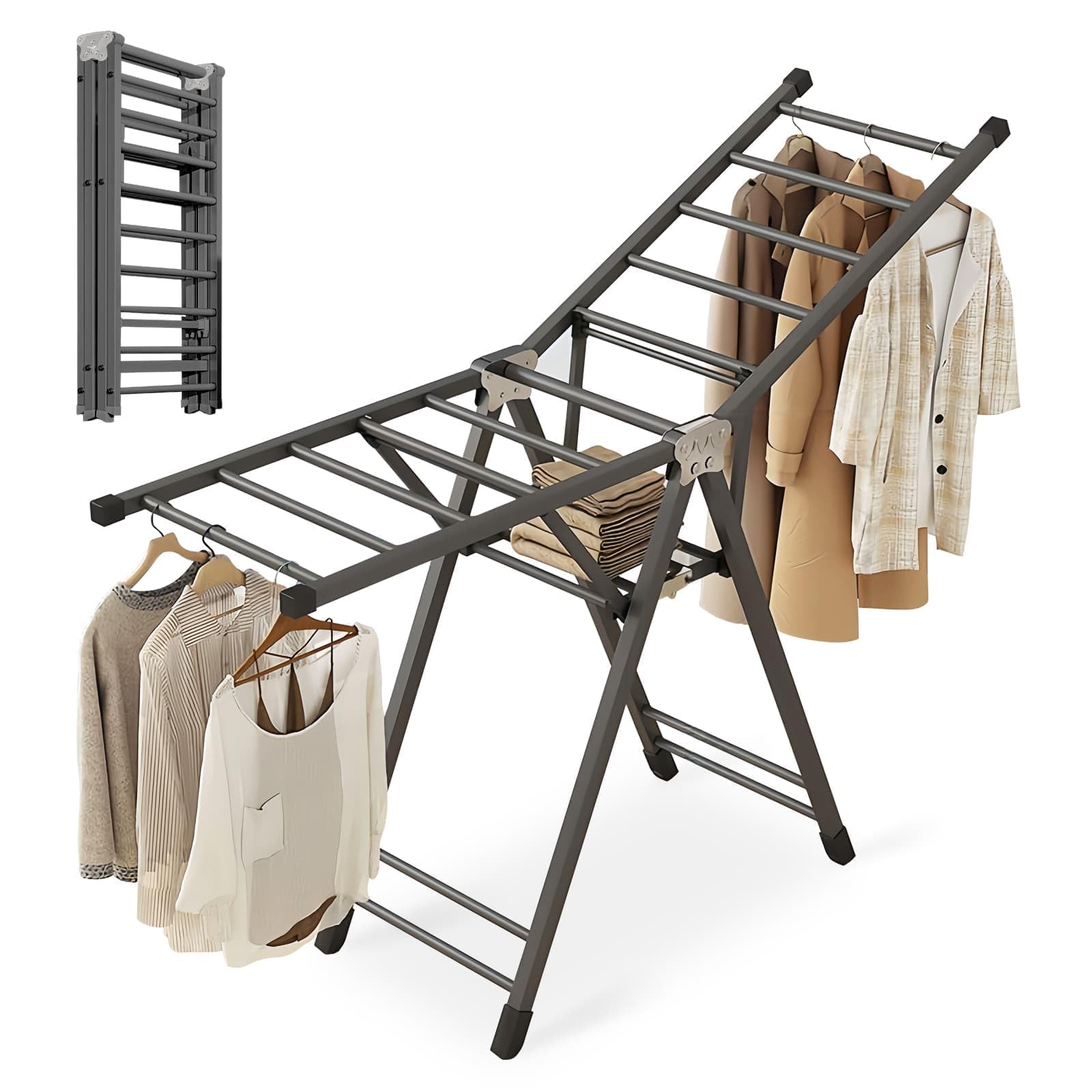 YBLUE Foldable Wing Style Drying Rack with Sliding Rail, 140CM Heavy-Duty Stainless Steel Large Drying Rack, No Installation for Indoor, Outdoor Folding Washing and Drying Machine Bracket (Dark Grey)