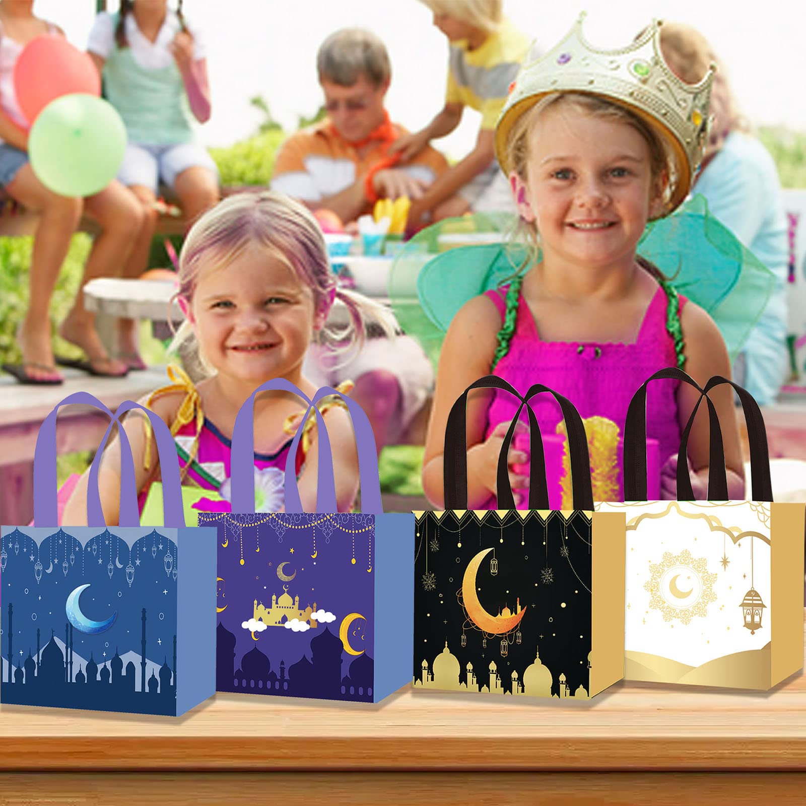 PEUTIER 12pcs Eid Mubarak Gift Bags with Handle, Blue Gold Ramadan Goodie Bags Muslim Eid Al