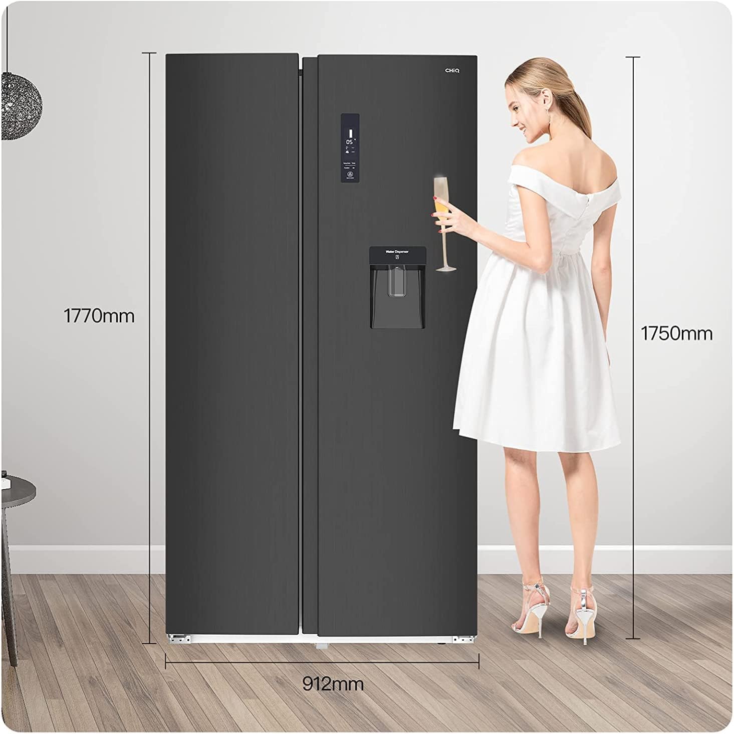 CHiQ Frigorifero Americano Side by side FSS559NEI42D 559 Litri, compressore inverter, Frigo ventilato e Congelatore No Frost, Inox scuro, Classe energetica E, Dispenser acqua da 5 litri [Classe di efficienza energetica E]