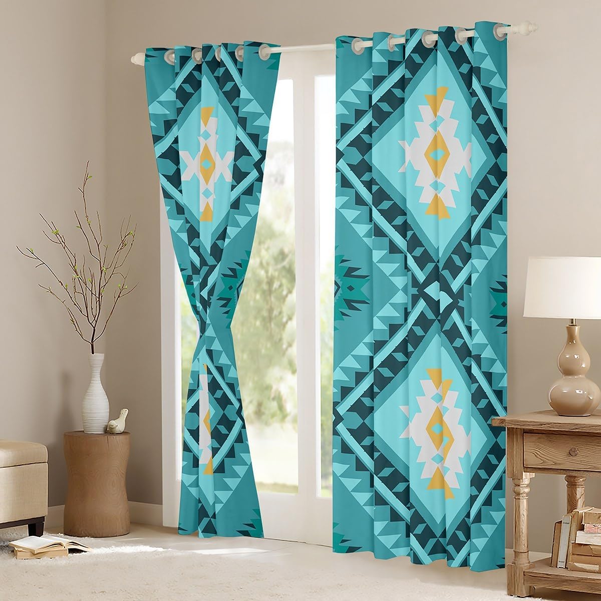 Erosebridal Western Boho Aztec Blackout Curtains for Bedroom Living Room Turquoise Rustic Farmhouse Window Curtains 2 Panels 42" Wx84 L Southwestern Drapes,Bohemian Geometric Window Treatments
