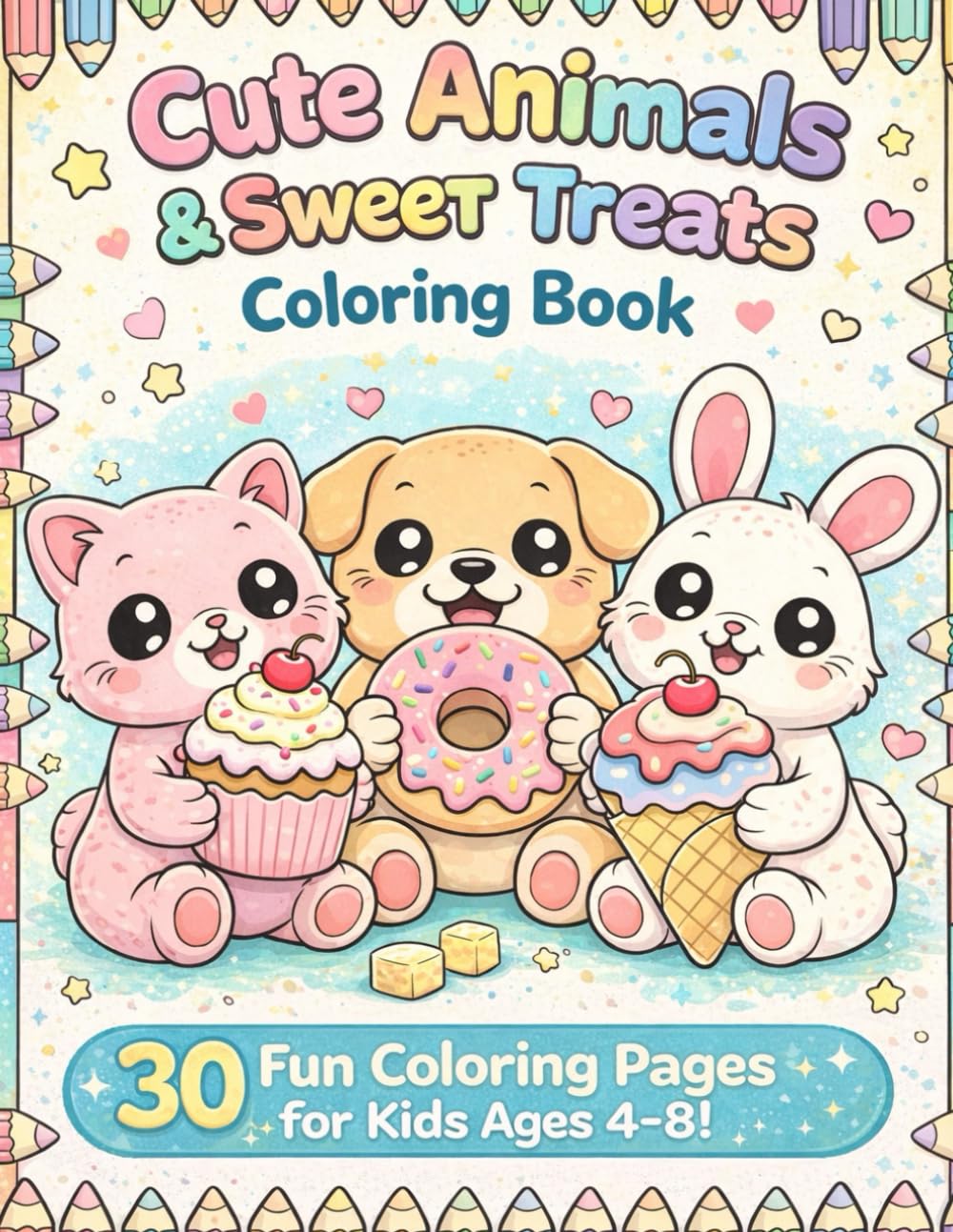 Cute Animals & Sweet Treats Coloring Book: 30 Fun Coloring Pages for Kids Ages 4-8