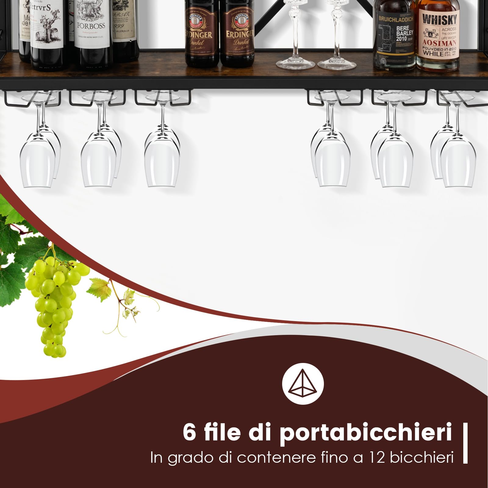 COSTWAY Portabottiglie da Parete, Scaffale per Esposizione di Vino con 6 File di Portabicchieri, Scaffale per Conservare 39 Bottiglie e 12 Bicchieri, Adatto per Cucina, Soggiorno, Sala da Pranzo