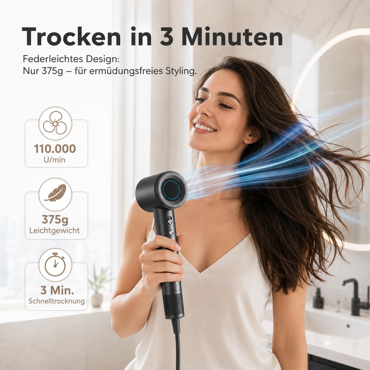 Hochgeschwindigkeits Föhn mit Premium PU Hartschalenbox, Schnelles Trocknen, 110.000 U/min Ionen Haartrockner, 59dB Leise, 200 Mio. Negativ-Ionen, LCD Display, NTC Temperaturregelung