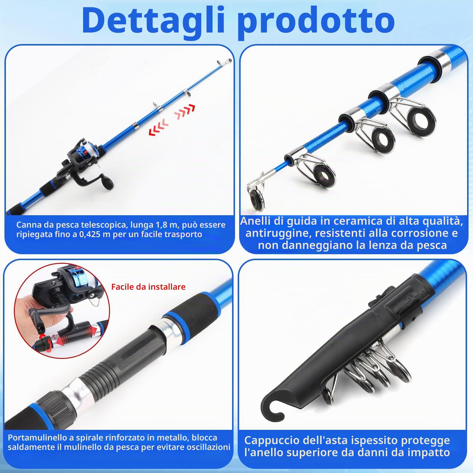 Set da Pesca per Bambini e Principianti con 1.8m Canna da Pesca Telescopica | Mulinello Esca da Pesca 100m Lenza Guadino e Borsa per Il Trasporto