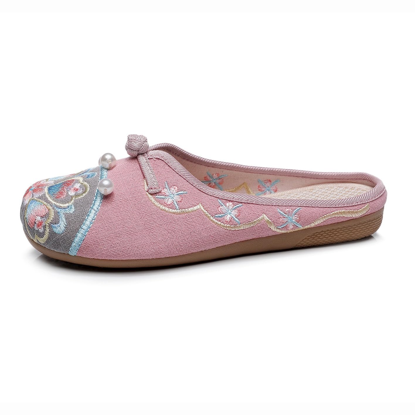 Mules plates brodées fleurs pour femme taille 40 rose style chinois