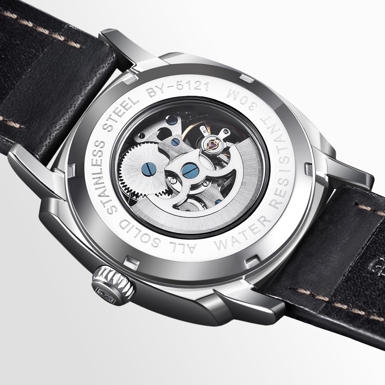 BENYAR - Orologio da uomo meccanico automatico, cinturino in pelle, movimento dorato, quadrante scheletro da 45 mm, resistente all'acqua e ai graffi, elegante regalo da uomo