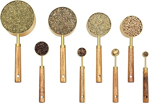 Muchtolove Measuring Cups and Spoons Set of 8, Golden Stainless Steel Measuring Cup with Wooden H...