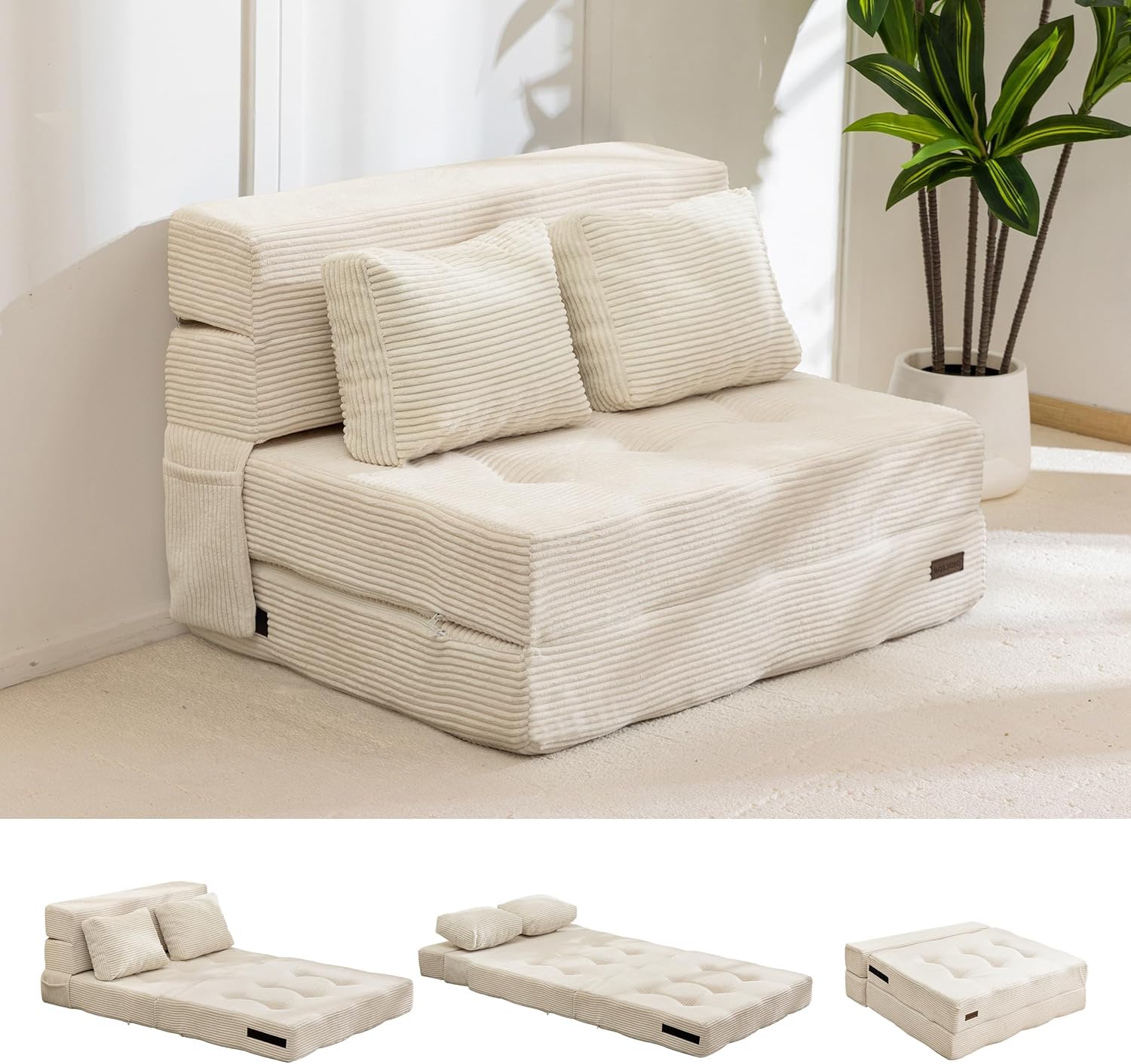 MAXYOYO Folding Foam Sofa Bed, Tri-Fold Mattress with 1 Pillow, Convertible Sofa Chair Futon Z Bed with 15cm Thincken Foam, Portable 3 in 1 Floor Couch