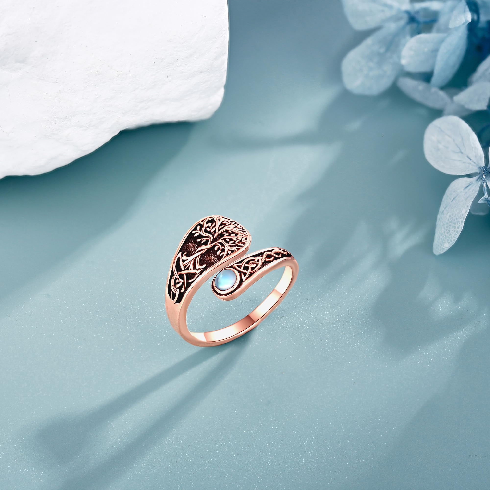 DAYLINLOVE Baum des Lebens Ring 925er Sterling Silber Keltischer Knoten Mondstein Einstellbarer Offener Daumen Ring Baum des Lebens Schmuck Geschenke für Damen Frauen Mädchen Mama Oma