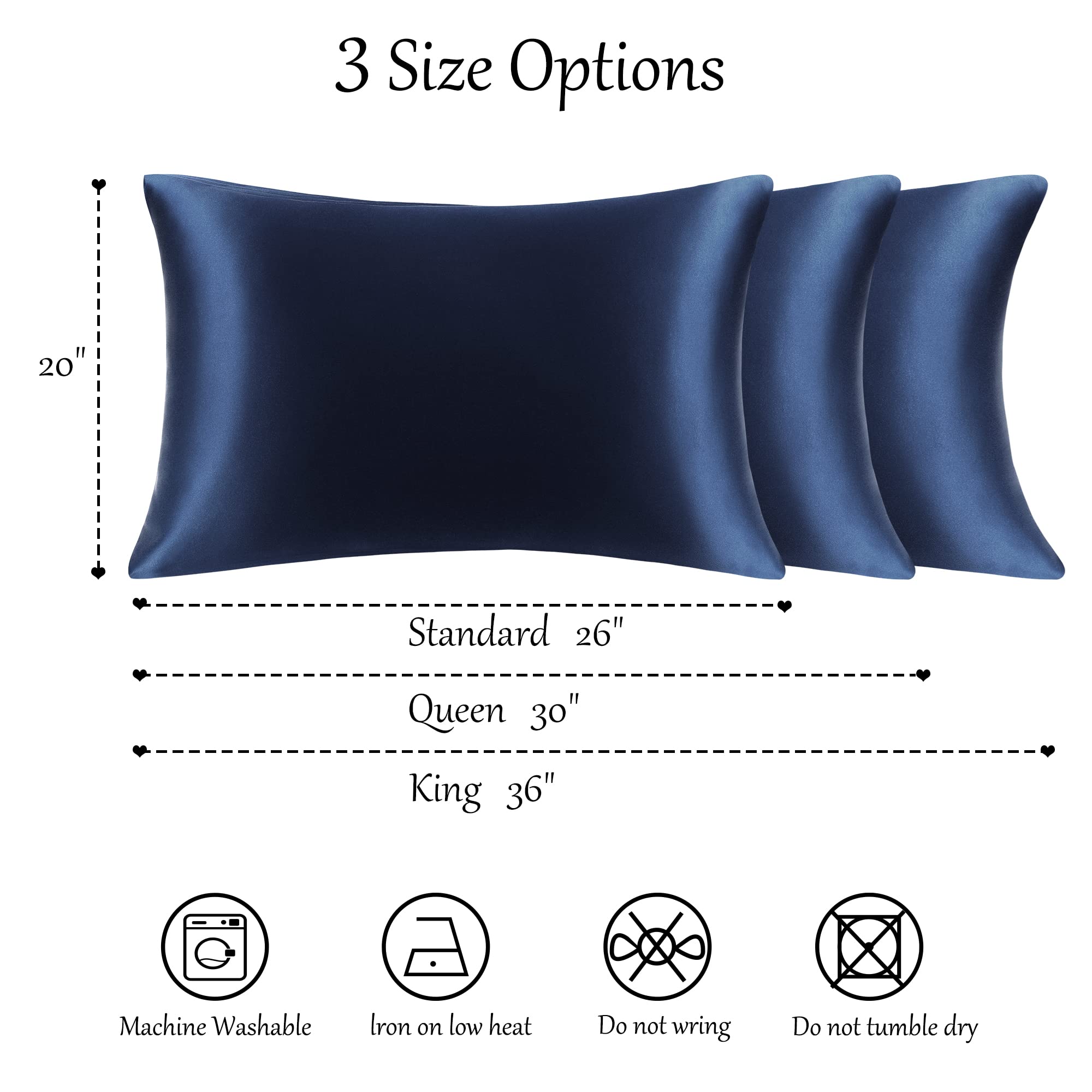 PiccoCasa - Funda de almohada de seda pura 100% natural para cabello y piel, ambos lados de 400 hilos, 19 momme de seda con cremallera oculta, 1 paquete, azul marino, tamaño Queen 50 x 76 cm