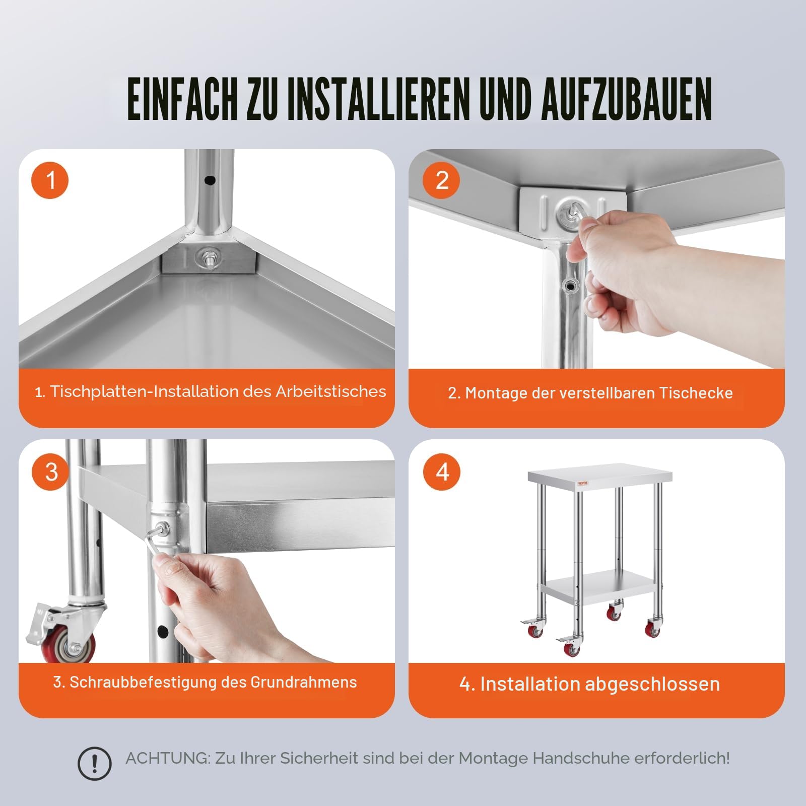 VEVOR Arbeitstisch aus Edelstahl, 76,2 x 61 cm, kommerzieller Arbeitstisch mit 4 Rädern, kommerzielle Lebensmittelzubereitung, Werkbank mit Flexibler Einstellablage für Küchen-Vorbereitungstisch