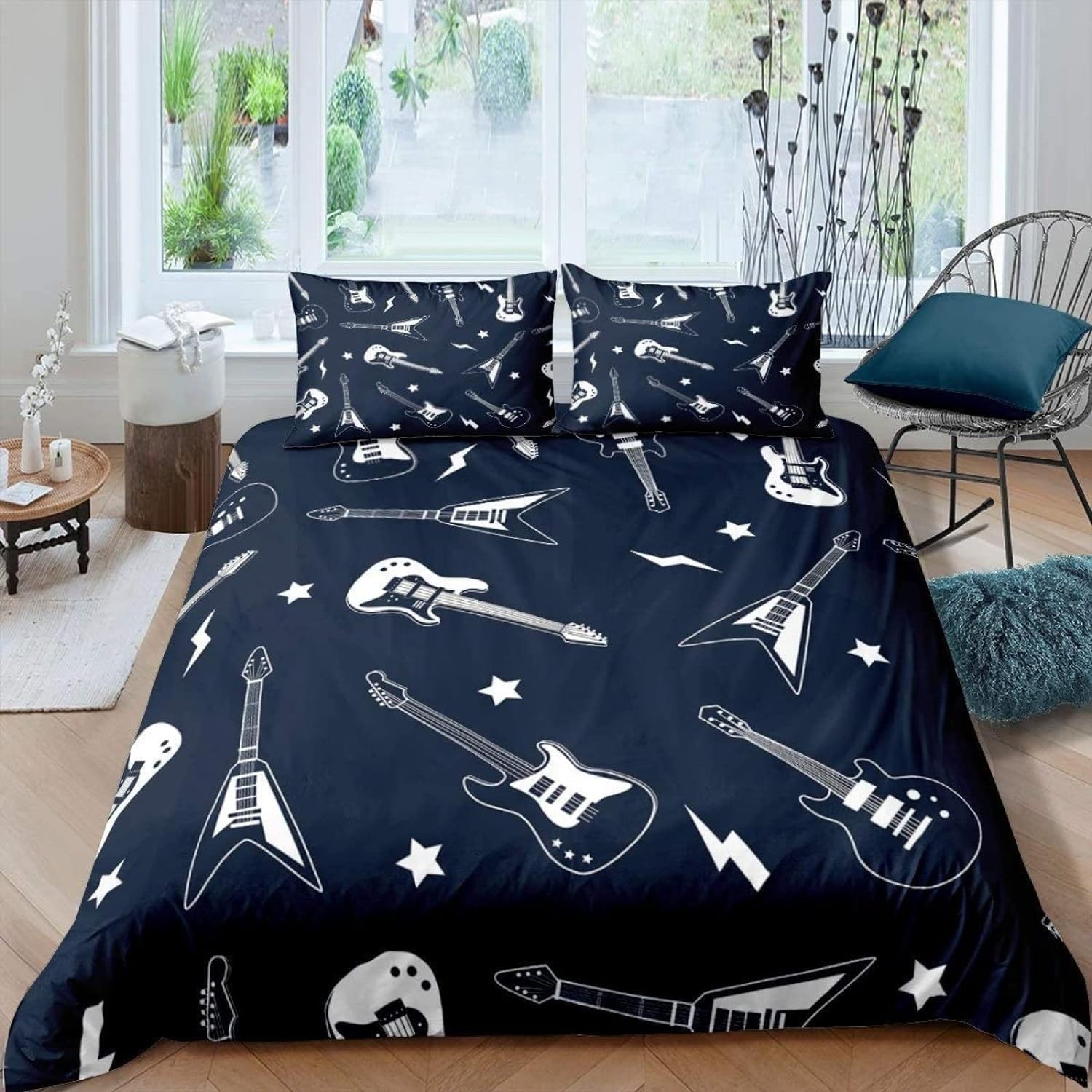 Housse de couette 200x200 guitare anti-plis en microfibre bleue facile à laver