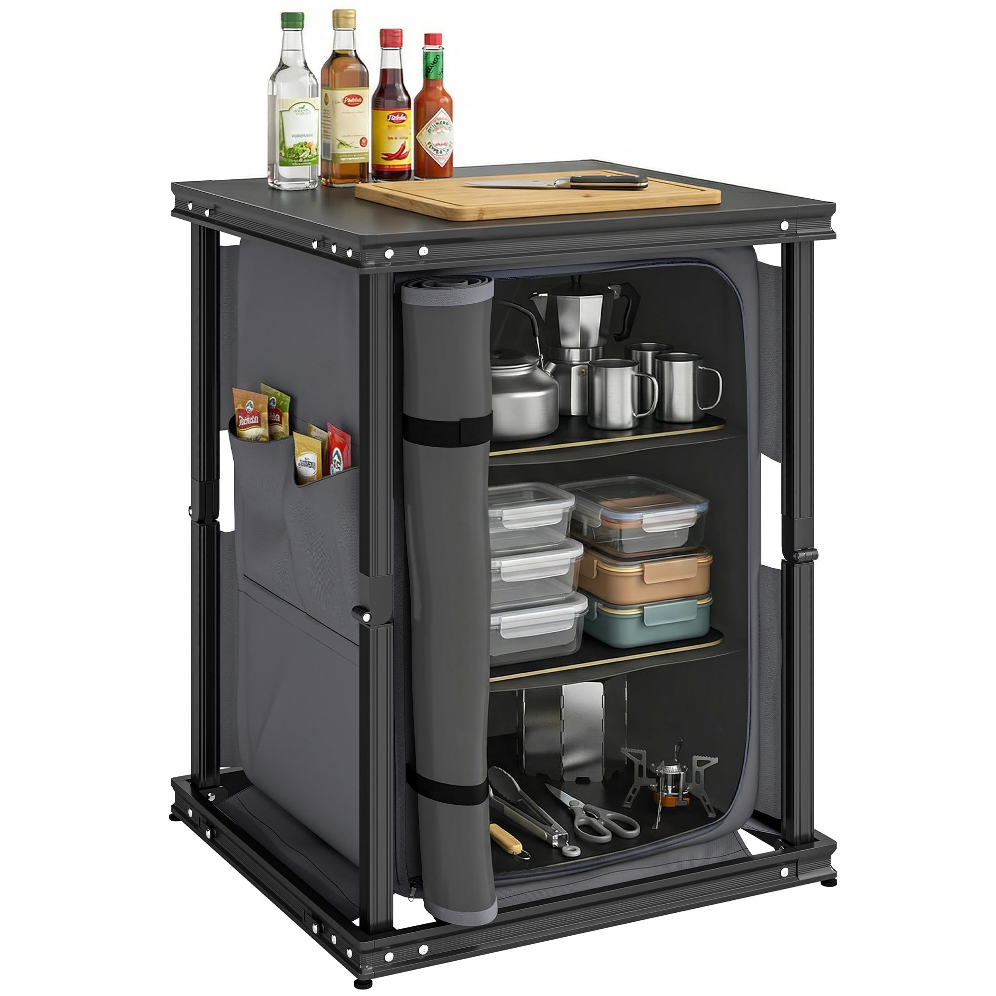 Outsunny Camping Cupboards, Folding Portable Camping Kitchen Table with 3-Tier Storage, Side Pockets and Adjustable Legs, Kitchen Unit for Picnic, BBQ, Outdoor Activities, Black