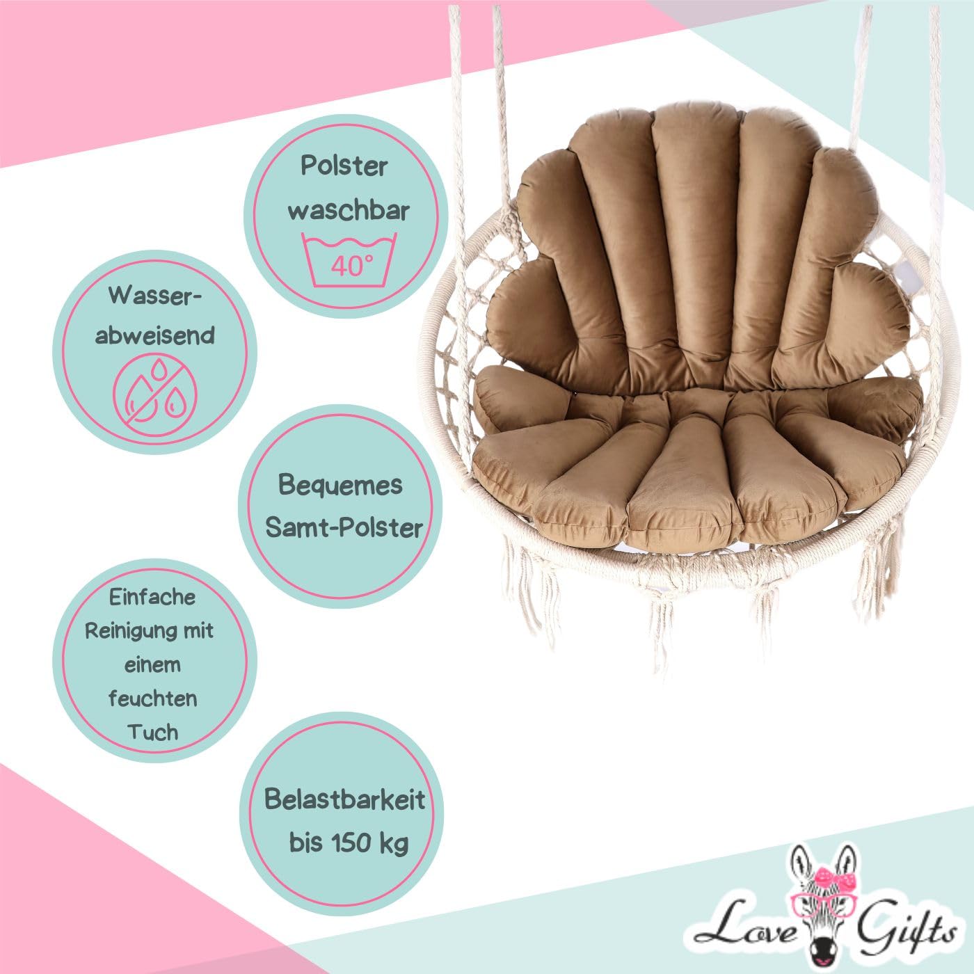 Love Gifts® Hängesessel ohne Gestell | Hängesessel Indoor mit Zwei Kissen optimal für den für Innenbereich wie Wohnzimmer & Kinderzimmer geeignet | Braun