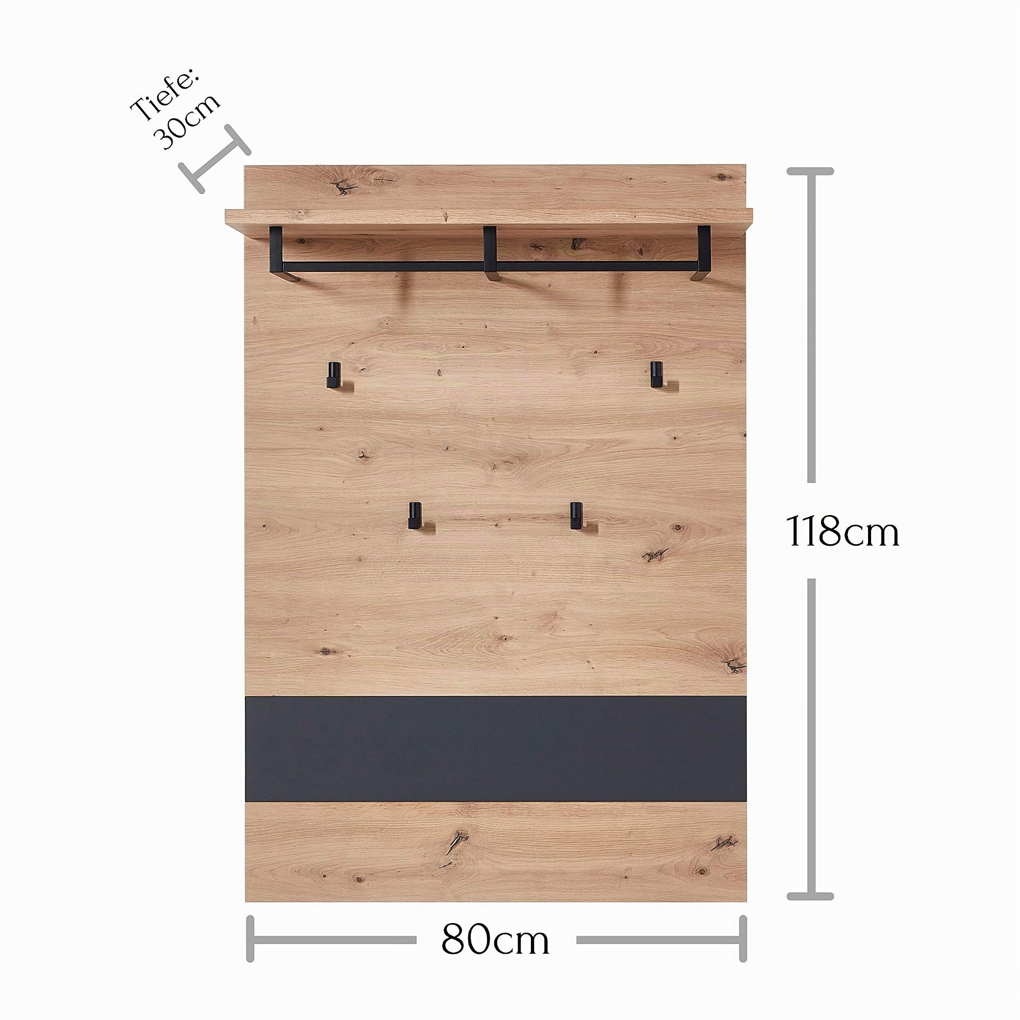 Stella Trading Garderobenpaneel in Artisan Eiche Optik Graphit - Moderne Hutablage & zuverlässige Wandhaken für Jacken & Taschen - 80 x 118 x 30 cm (B/H/T) | Wandgarderobe für den Flur mit 4 Wandhaken aus Metall, Ablageboden und integrierter Kleiderstange