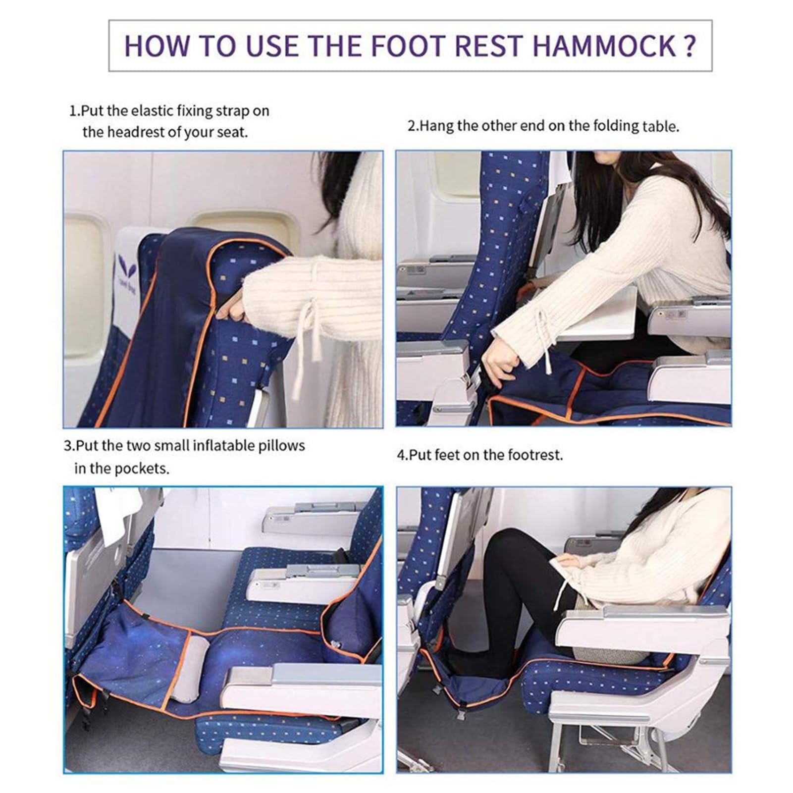 Airplane Seat Extender, Airplane footrest hammock, altezza regolabile volo carry-on foot rest hammock, per aerei bus accessori di viaggio aeroplano, poggiagambe