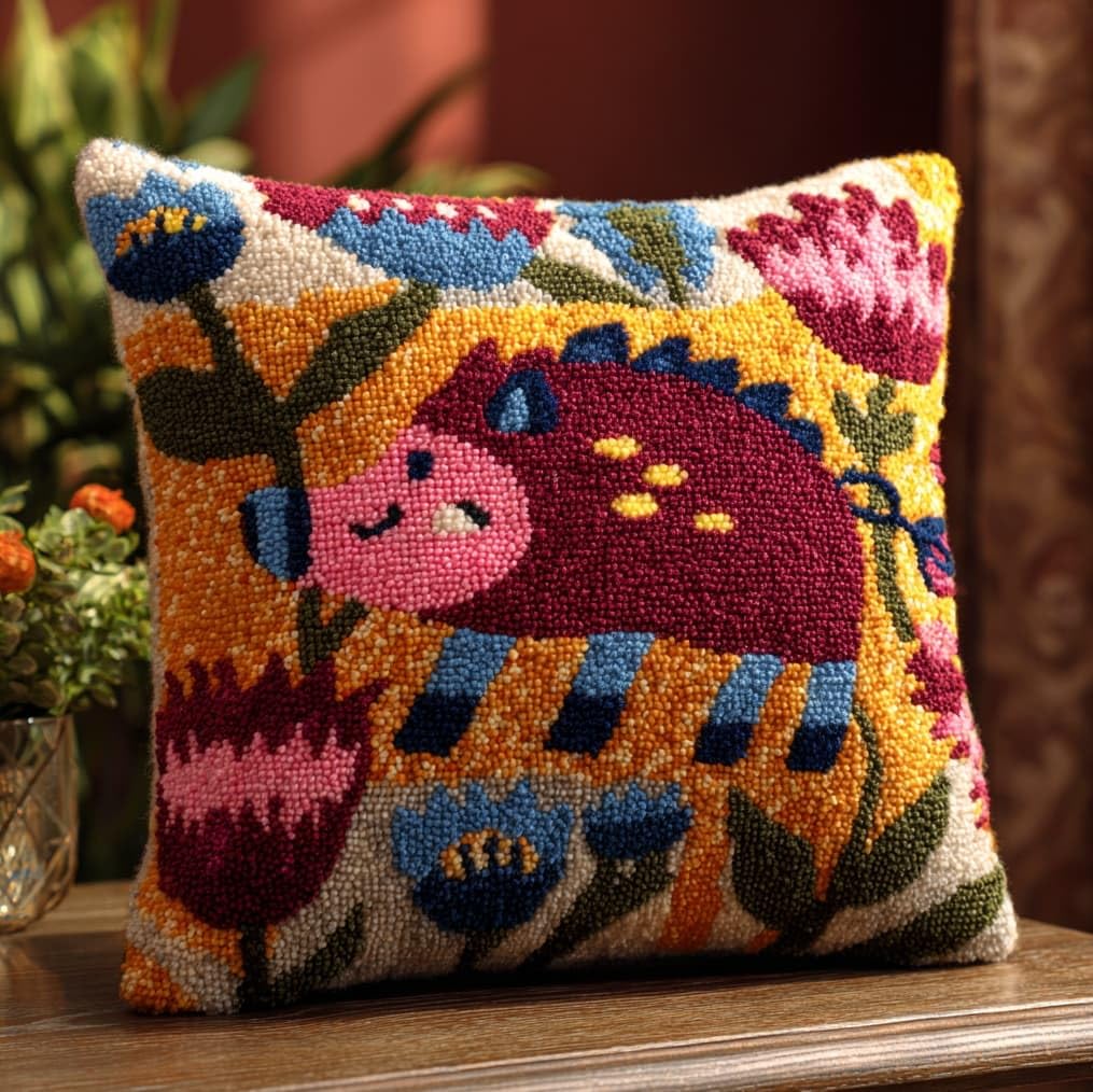 AxiangziK Latch Hook Cushion Kit 43x43cm,Wild Boar and Flowers