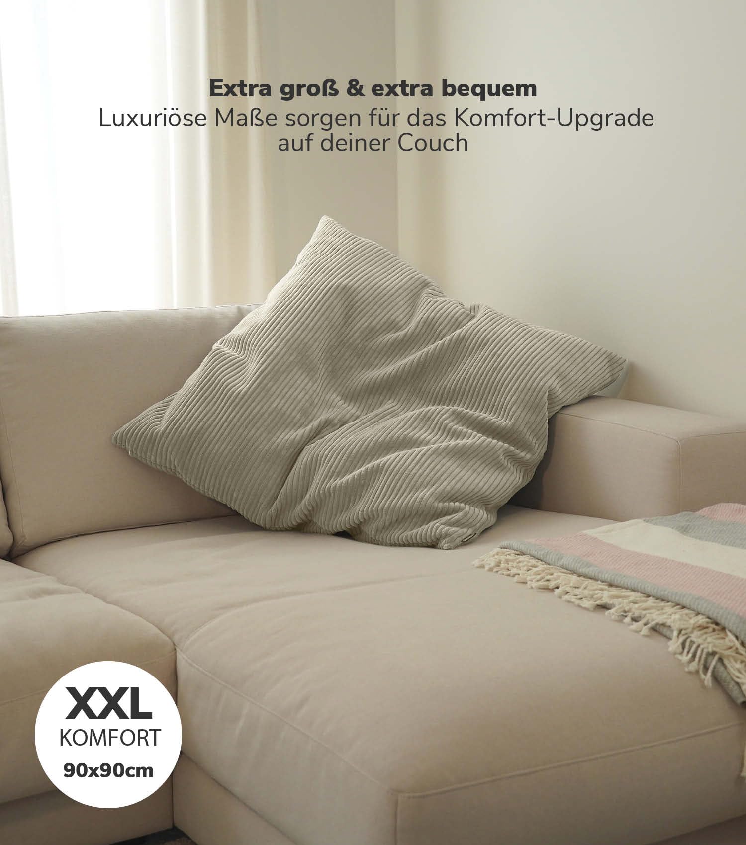 mokebo XXL Sofakissen 'Das Anschmiegsame', gemütliches Riesenkissen, XXL Kissen oder Jumbokissen mit Cordbezug, auch als Couchkissen, Liegekissen oder Bodenkissen in Beige, 90x90x10 (B/H/T in cm)
