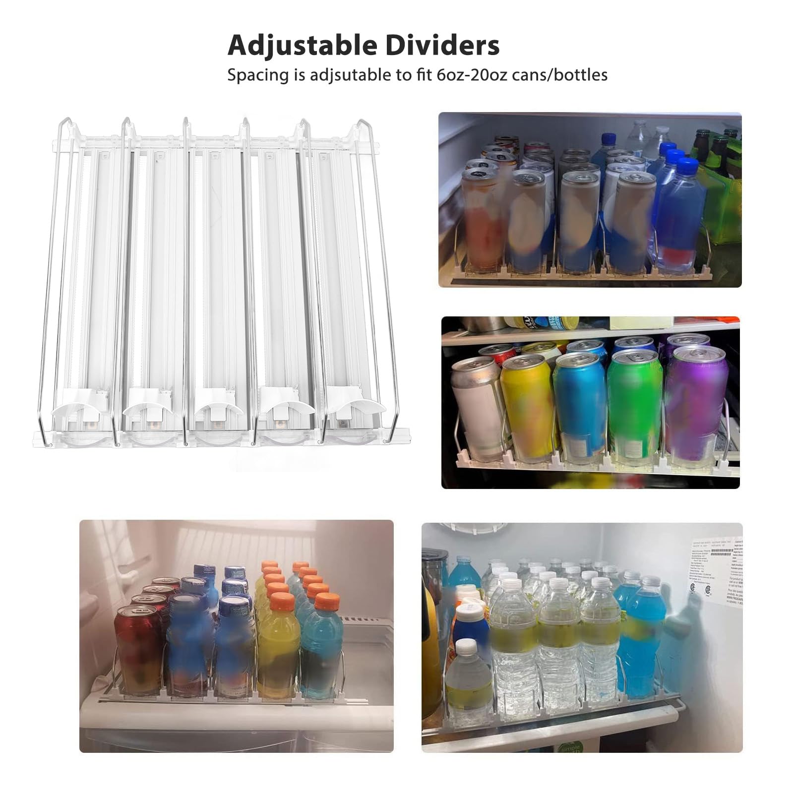 Organizador de Bebidas para Nevera, 5 Unidades, Dispensador Automático de Latas de Refresco con Empuje Automático, Ancho Ajustable, Organización de Nevera, Lata de Cerveza, Botella de Agua,(Blanco)