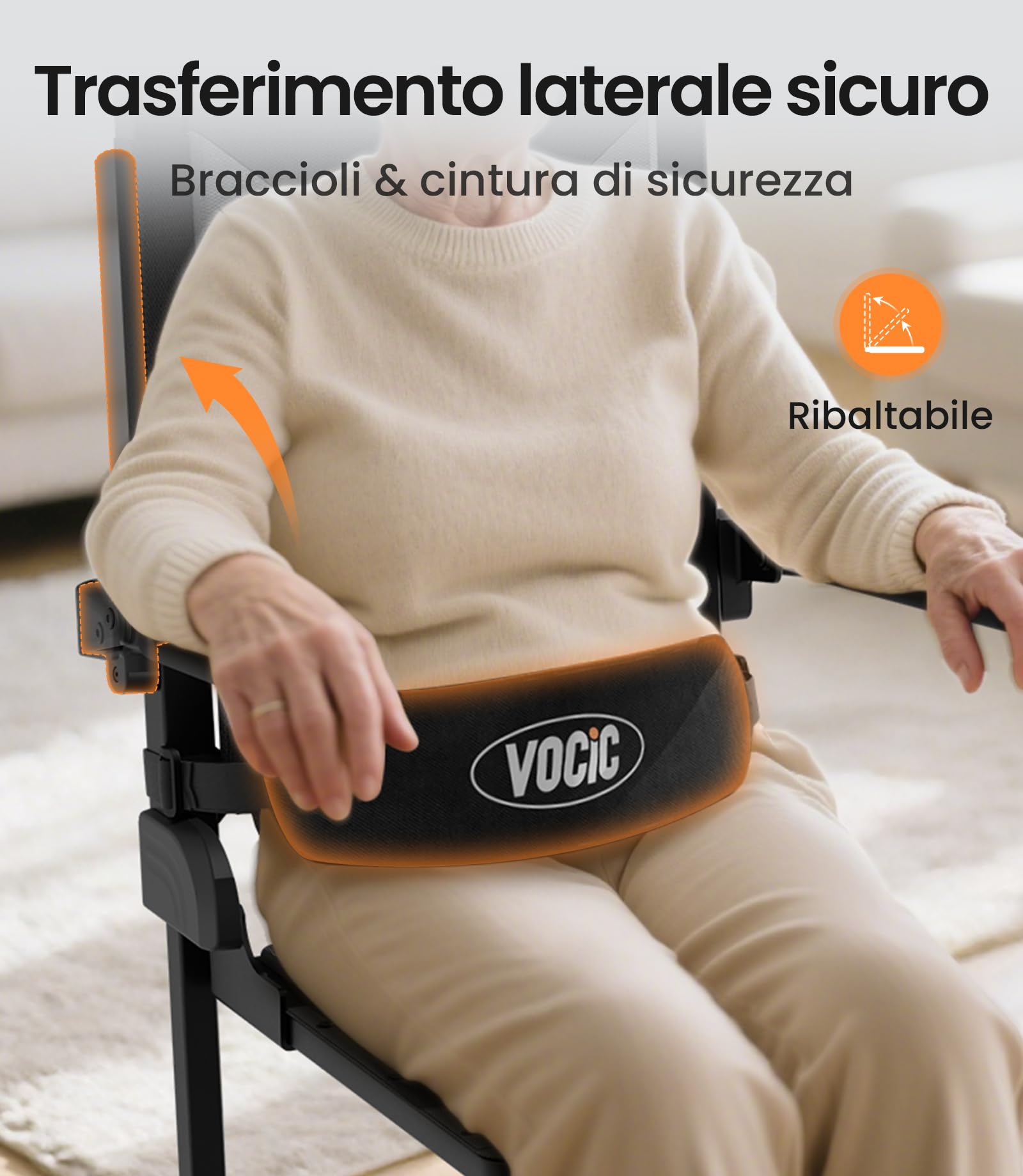VOCIC AX35 - Sollevamento elettrico da terra con funzione di trasferimento, arrotolabile e mobile seduto per trasferimenti interni, portata fino a 160 kg, con 4 ruote e freni, compatta