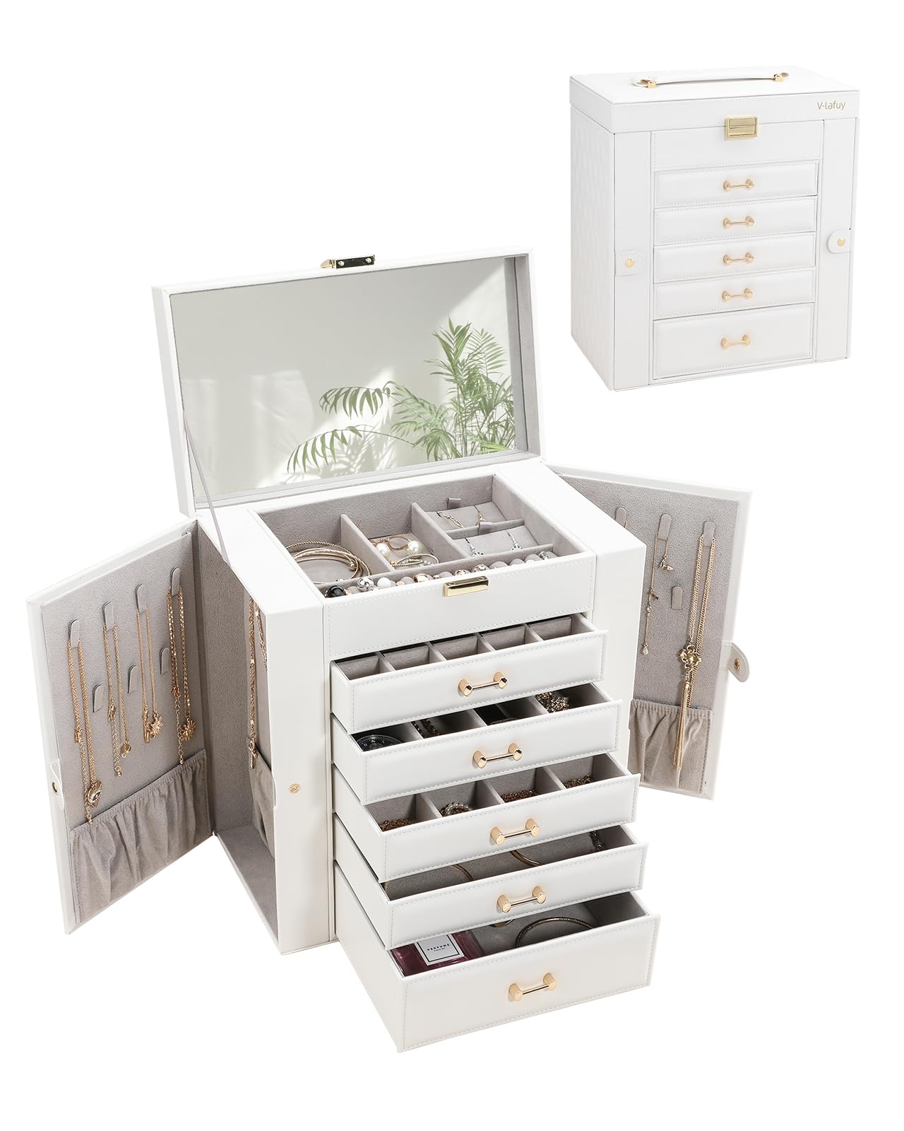 Schmuckschatulle für Damen, großer Schmuck-Organizer, Tary, Schmuckhalter und Aufbewahrung für Ohrringe, Ringe, Halsketten, Armbänder (weiß)