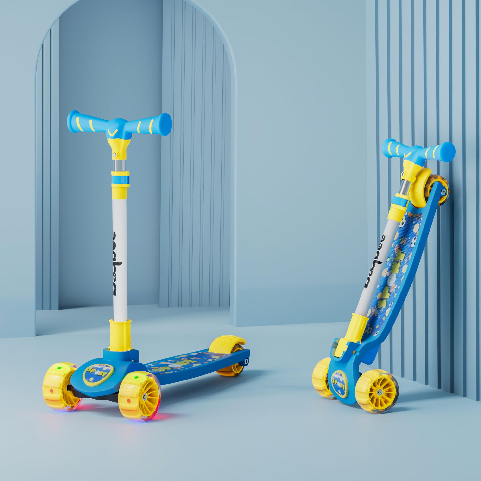 Baybee Kitty Kick Scooter for Kids | Foldable 3 Wheel Kid Scooter with 4 Height Adjustable Handle & Brake | Skate Scooters with LED PU Wheels | Runner Scooters for Kids 3 to 10 Years Boys Girls (Blue)