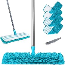Myiosus Mop with 50" Long Handle and 360° Swivel Joint for Hardwood, Ceramic, Marble, Laminate, Home, Kitchen, Includes 4 Double Sided Chenille Pads and 1 Scraper