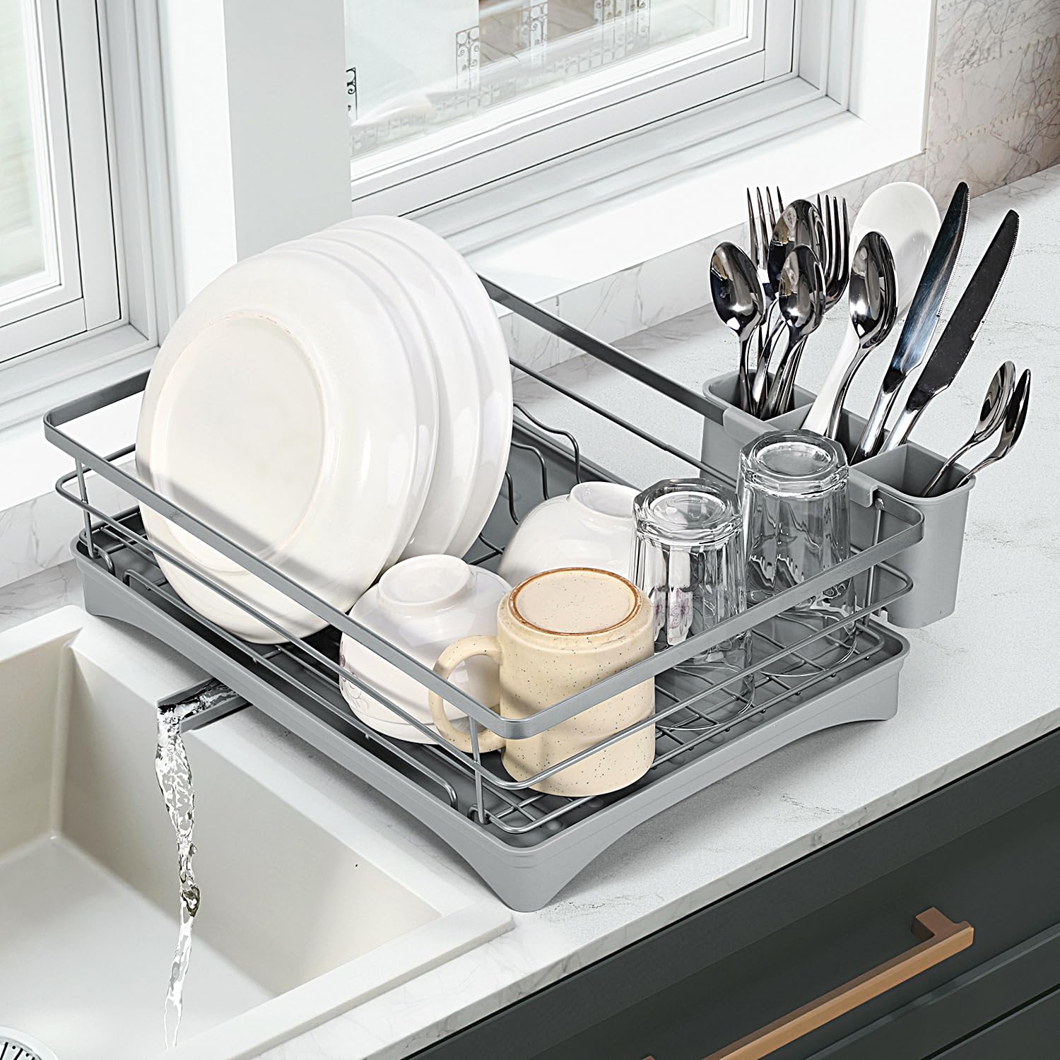 Vinsani Grey Dish Drainer Rack Space Saving Dish Drying Rack Sleek Modern Kitchen Drying Rack With Auto Drainage System Cutlery Holder For Kitchen Countertop (Grey)
