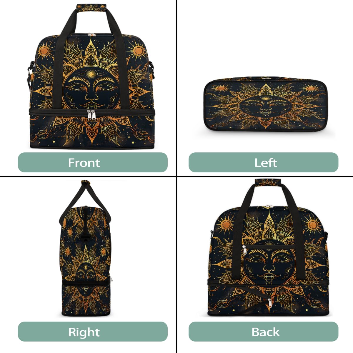 Borsone da viaggio pieghevole con mandala dorato e viso di sole, borsa da palestra espandibile con scomparto per scarpe, grande capacità, borsa da weekender, per viaggi, sport, viaggi notturni