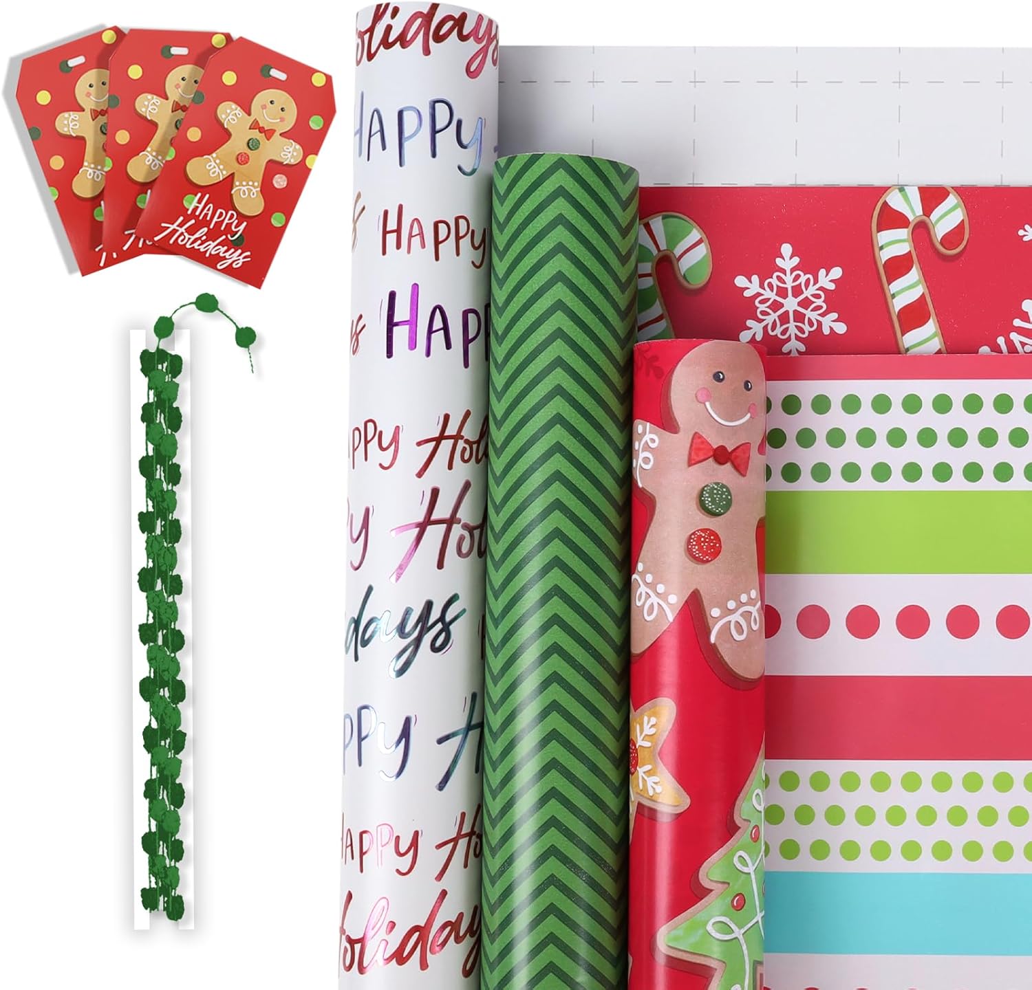 LaRibbons Reversible Christmas Wrapping Paper Set, 17Inch × 10Feet(3 Rolls42.3sq.ft