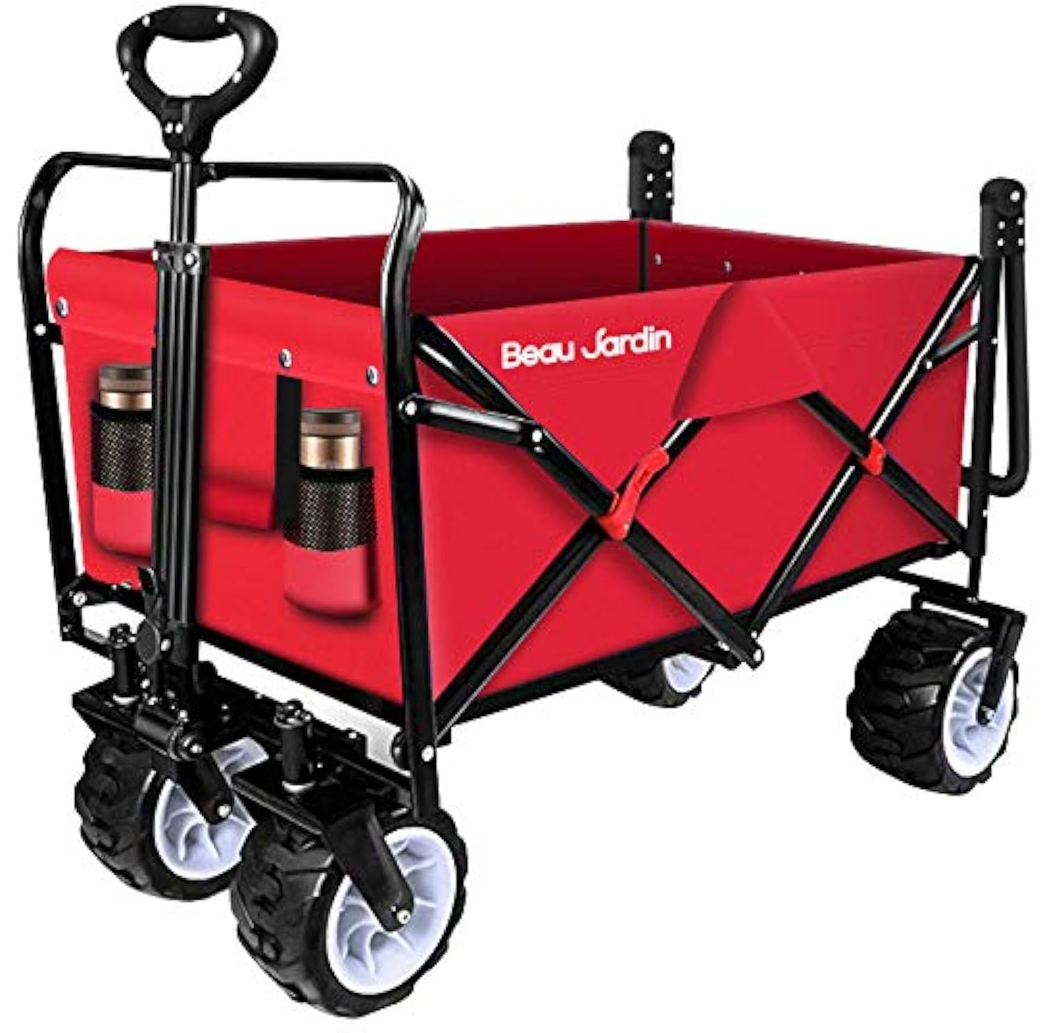BEAU JARDIN Folding Push Pull Beach Wagon Collapsible Cart 300 Pound Capacity Utility Camping Grocery Canvas Portable Buggies Outdoor Garden Sport Heavy Duty Shopping Wide All Terrain Wheel BG229 Red