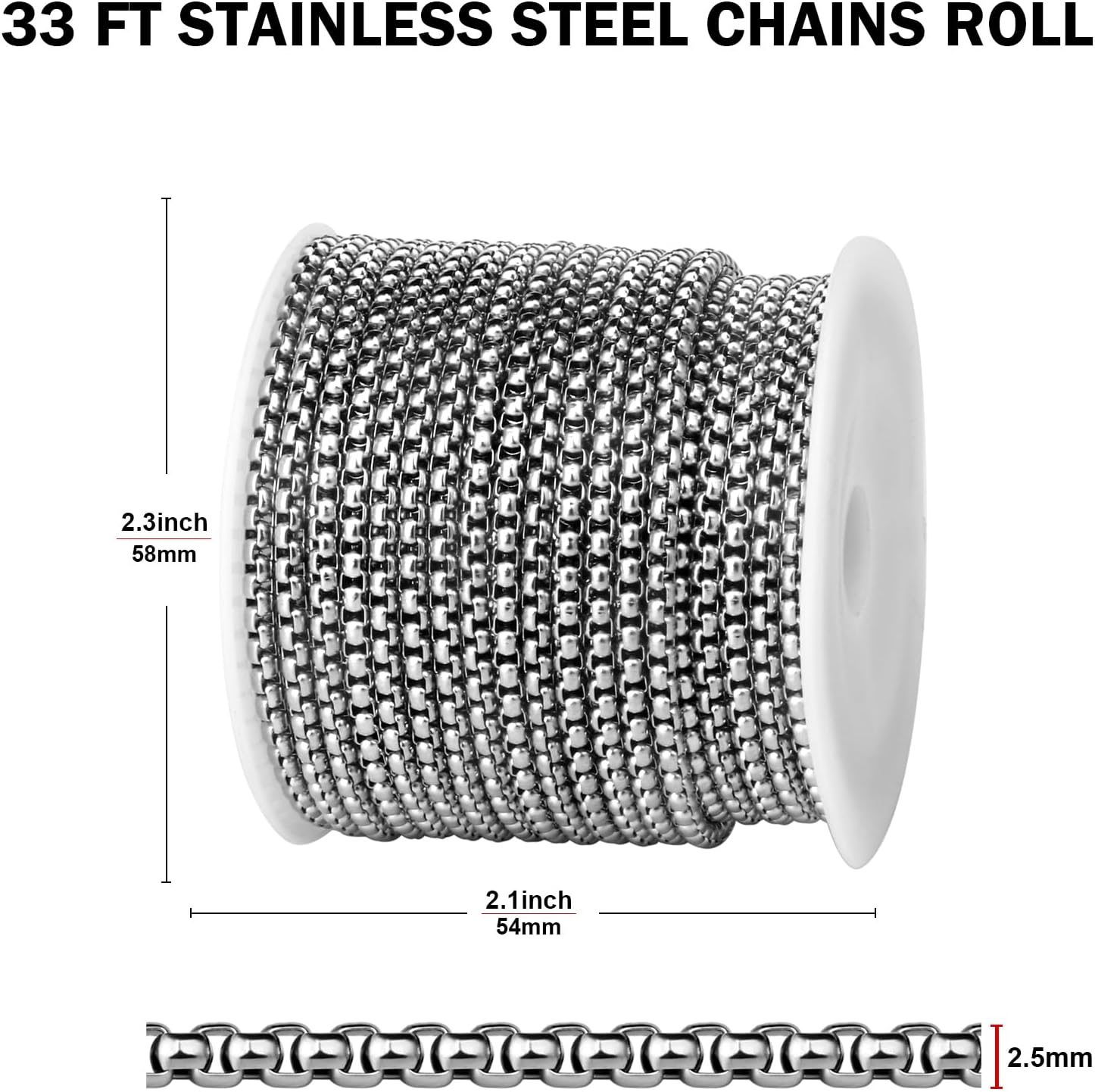 [33FT] Stainless Steel Rolo Box Chains for Jewelry Making, 2.5mm Wide 304 Stainless Steel Rolo Link Chain Roll Bulk for DIY Jewelry Making Craft - Image 3