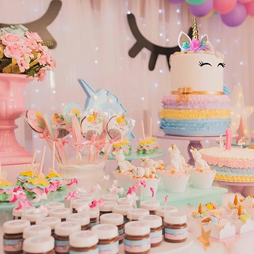 Miniatura 7 de Decoración para tarta de unicornio, hecho a mano, suministros de decoración para tartas con pestañas y pilas, cuerno de oro reutilizable para fiesta