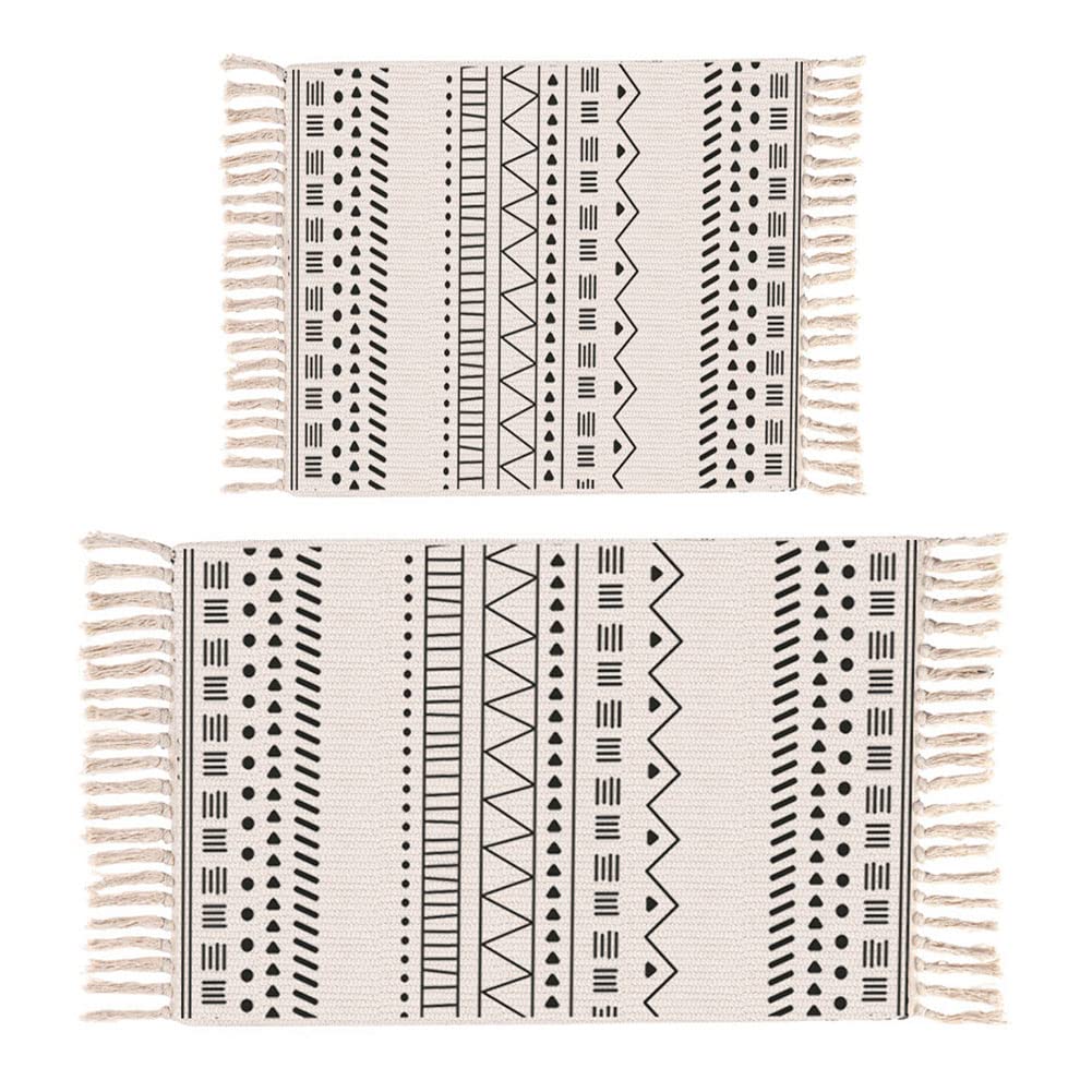 Lot de 2 tapis de salle de bain tissés lavables en coton avec pompons, 60 x 90 cm + 60 x 122 cm