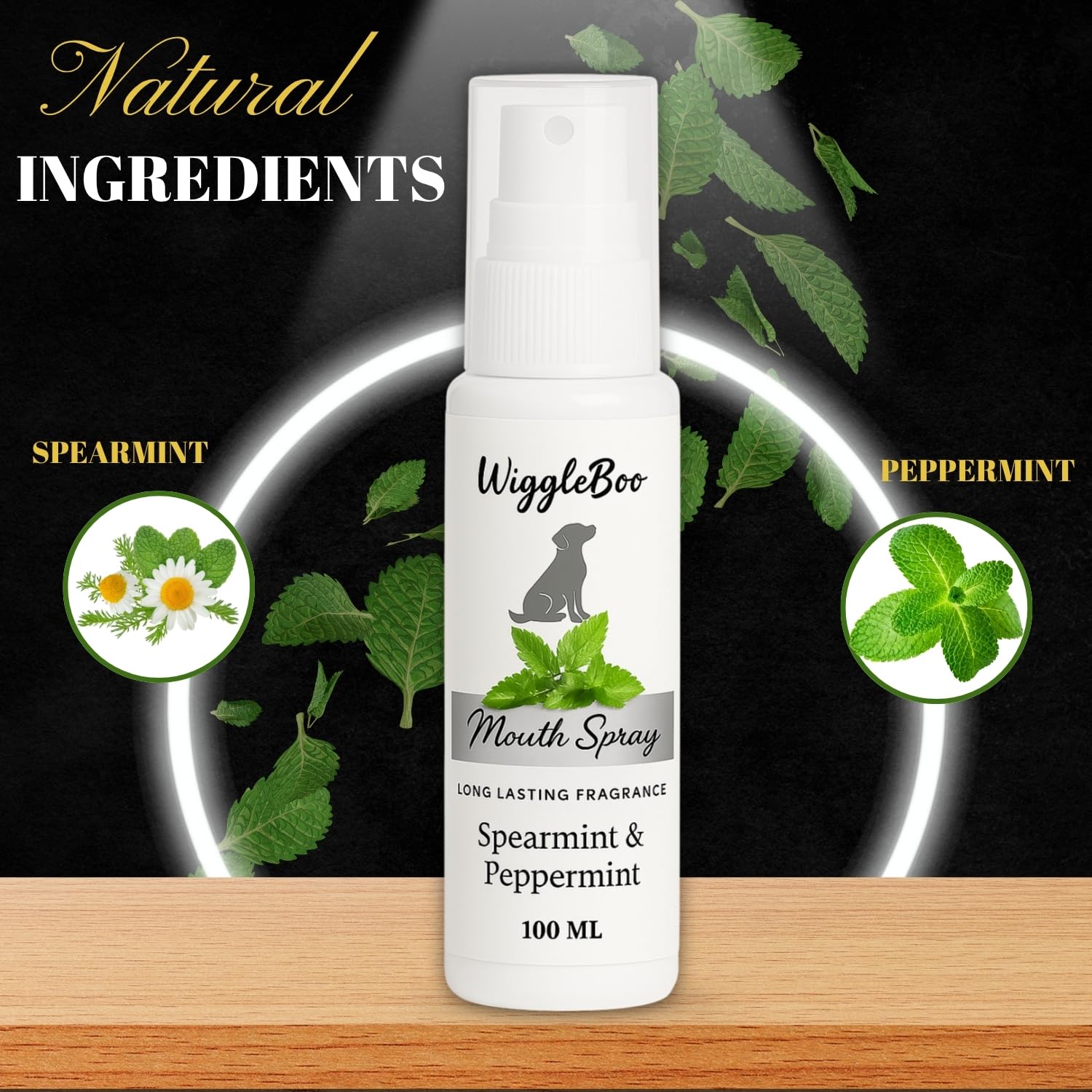 WiggleBoo Dog Mouth Spray | Clove, Cardamom & Peppermint Oral Spray for Dogs & Cats | Brush-Free Dental Care | Fresh Breath, Reduces Plaque & Tartar, Healthy Gums | Easy Daily Oral Hygiene (100ml) 1