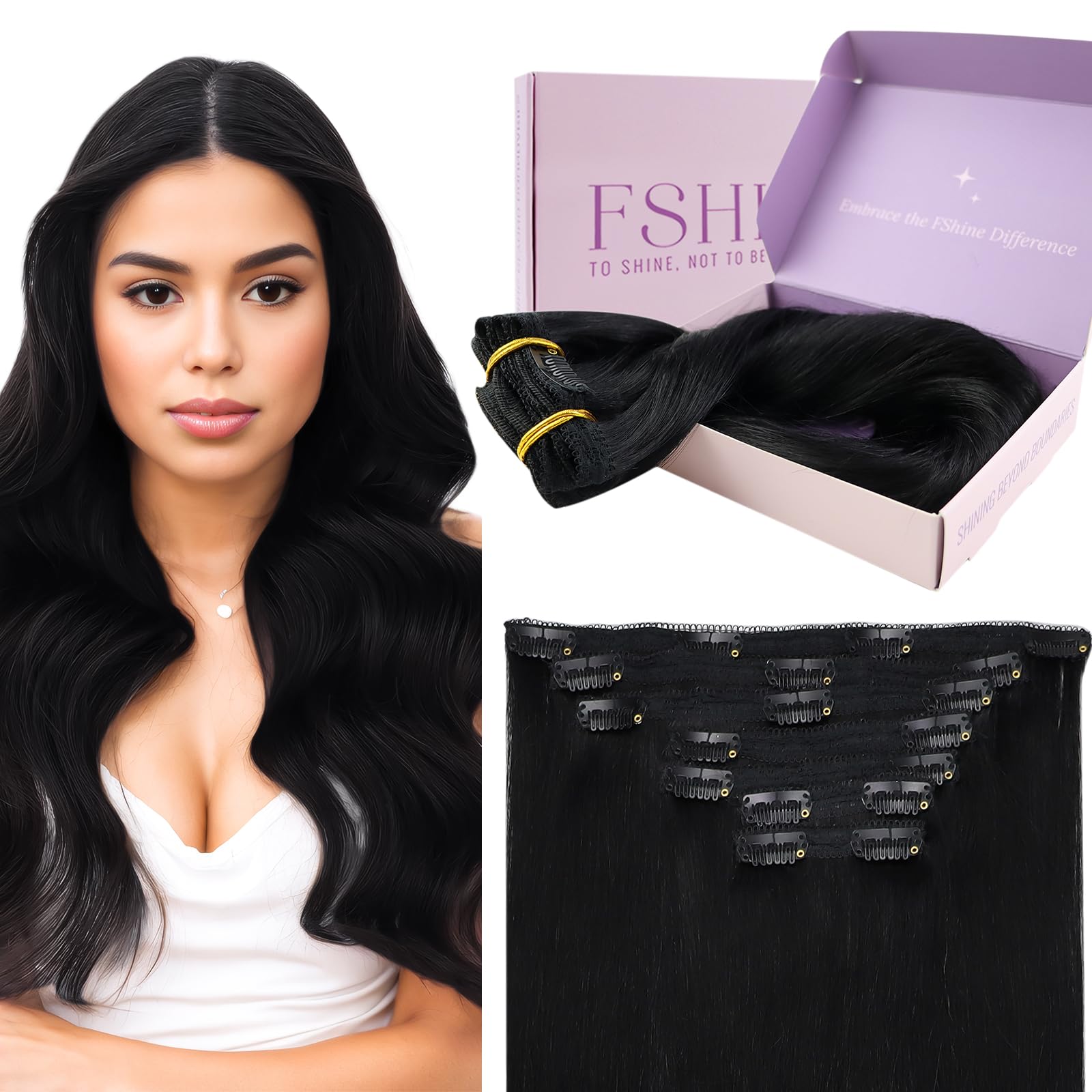 Fshine Clip Extension Capelli Veri 120g 35.5cm Extension Clip in Capelli Neri Extension Lisci Capelli Colore 1 Hair Extensions 7 Pezzi Double Weft Clip in Human Hair Extension