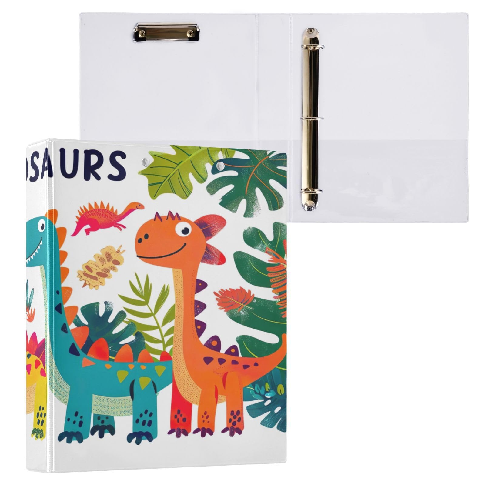 Raccoglitore a 3 anelli, 3,8 cm, motivo dinosauri in stile cartone animato, decorativo, rotondo, con clip in metallo, formato lettera, per casa e ufficio, confezione da 2