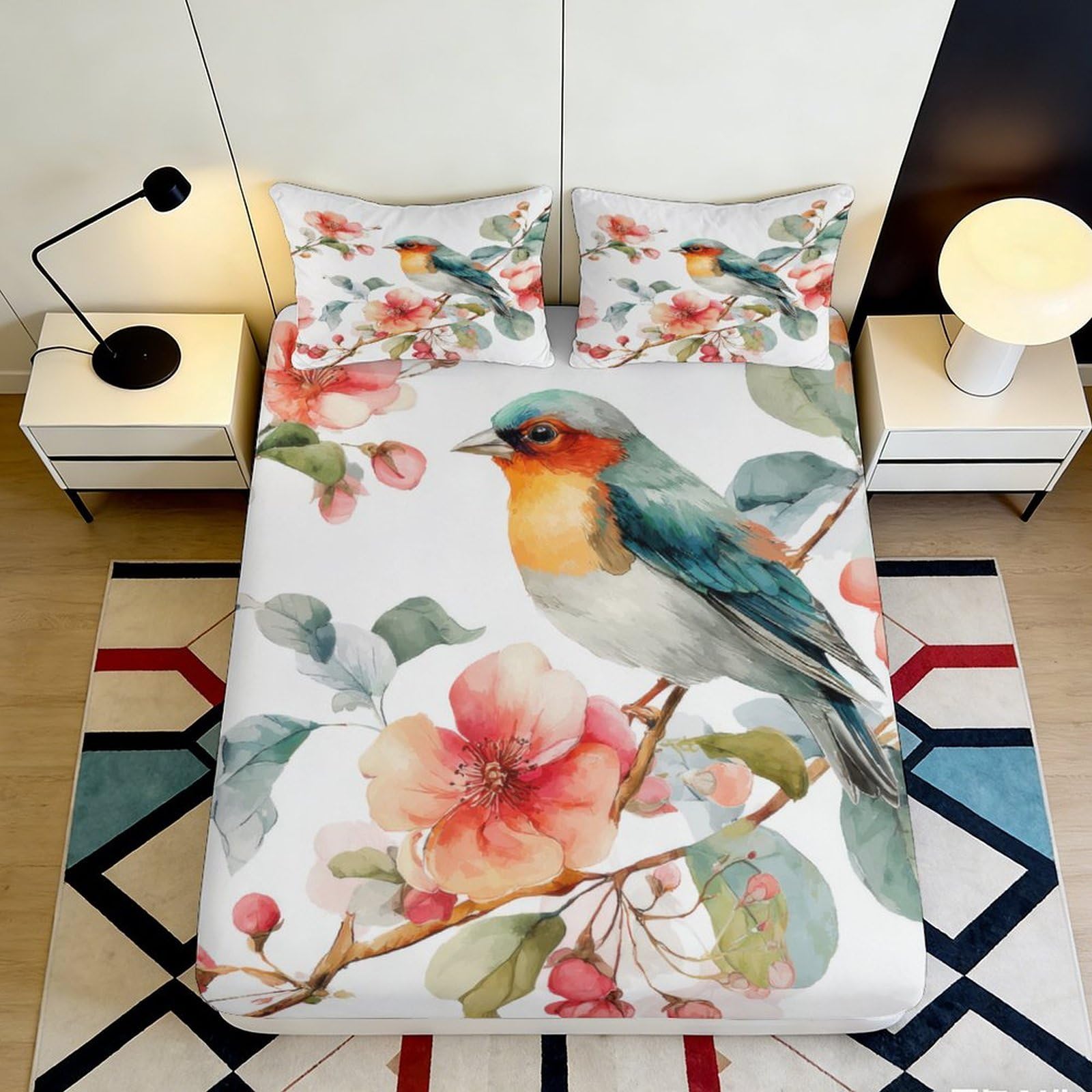 3D Printed Watercolor Bird Blossom Fitted Sheet Microfiber Soft Floral Mattress Cover for Bedroom Dorm Decor 90x200x25cm