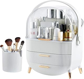 يو-هومي منظم مكياج حقيبة عرض مستحضرات التجميل مع صندوق تخزين من طبقتين وصندوق للفرشاة منظمات العناية بالبشرة لسطح الحمام وطاولة الزينة وغرفة النوم والسفر ابيض أكريليك