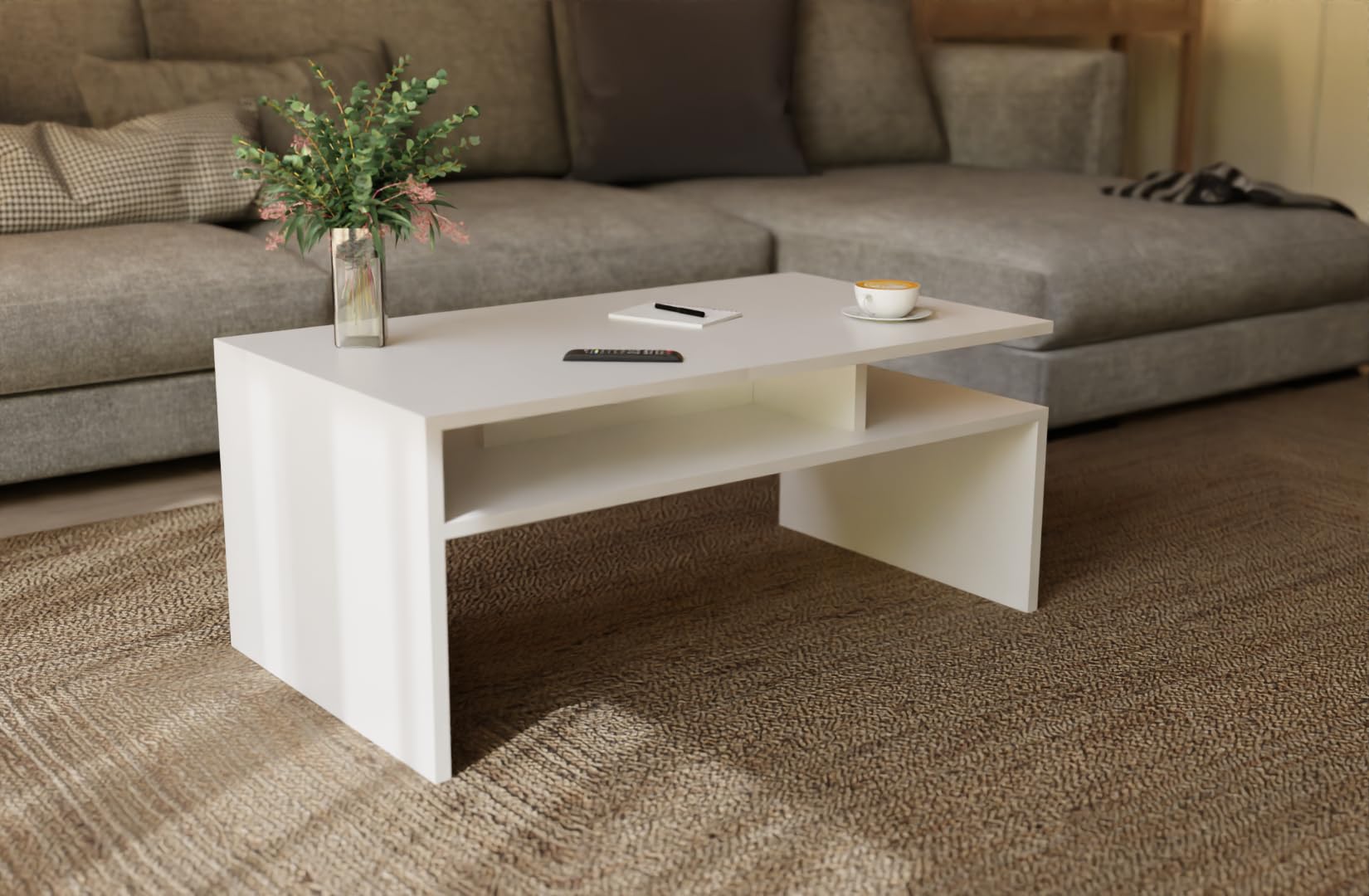 MeblePitus Couchtisch ST-4 Weiß – Moderner rechteckiger Wohnzimmertisch 90×50×45 cm im skandinavischen Stil – Sofatisch mit Ablagefach, robust & pflegeleicht